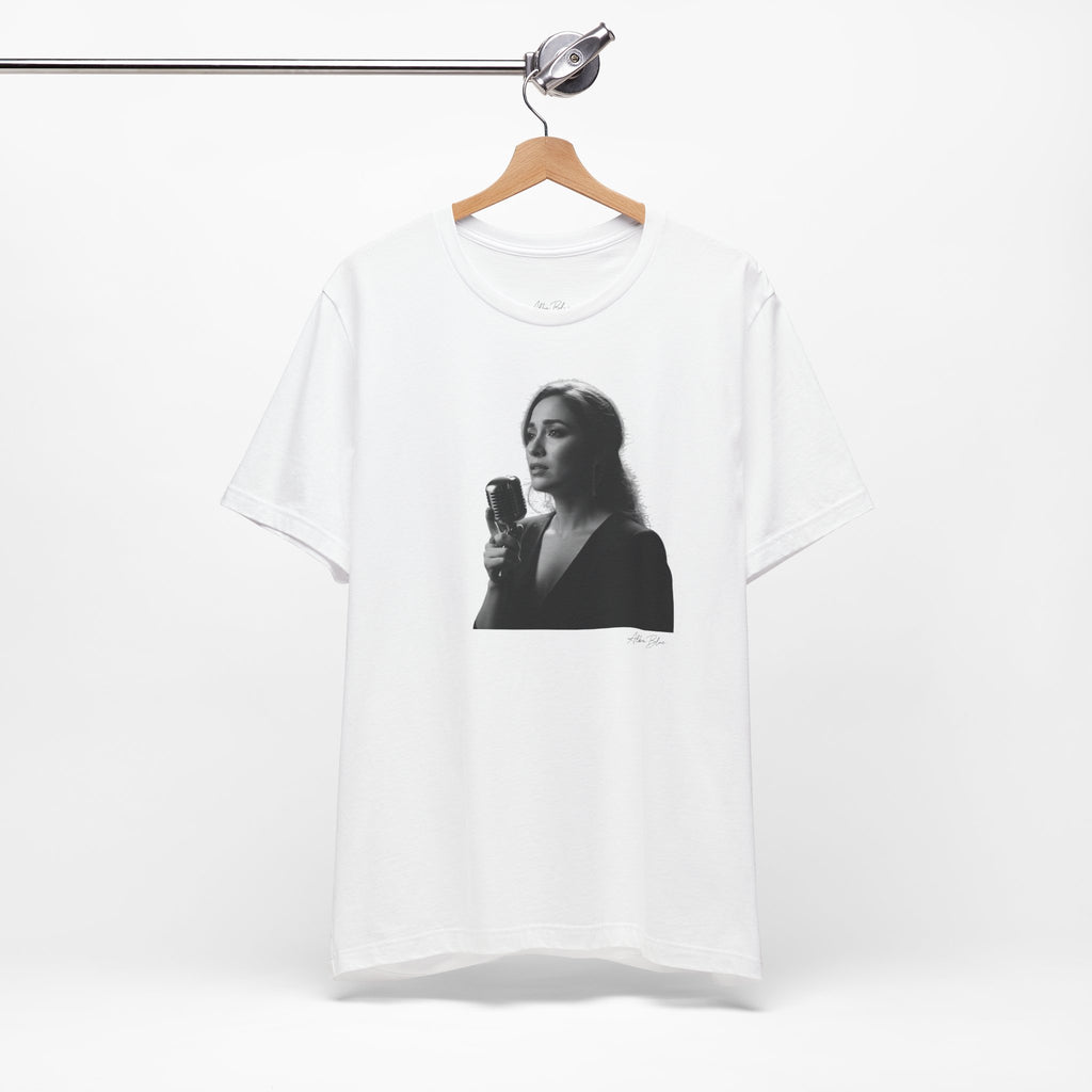 Alba Blue with Vintage Microphone Portrait T‑Shirt - Retro Singer Black & White Photo Tee