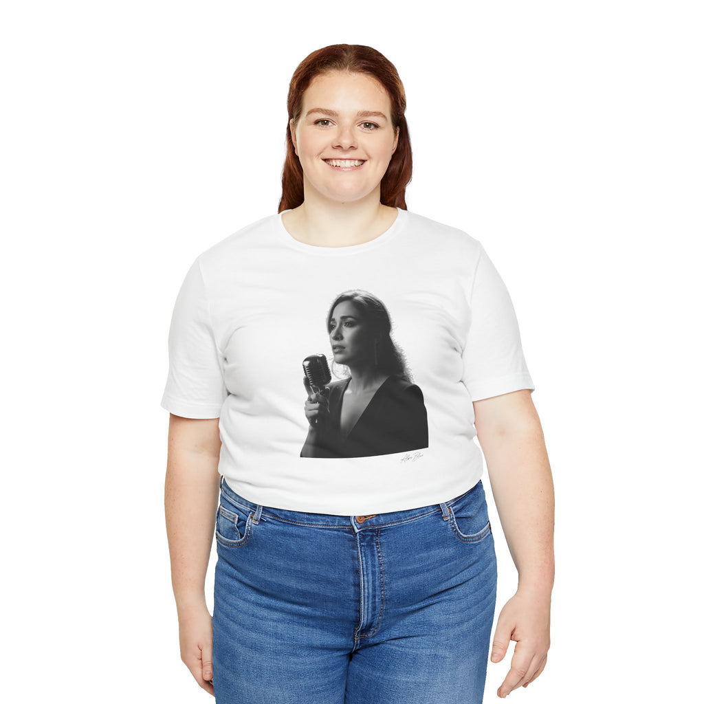 Alba Blue with Vintage Microphone Portrait T‑Shirt - Retro Singer Black & White Photo Tee