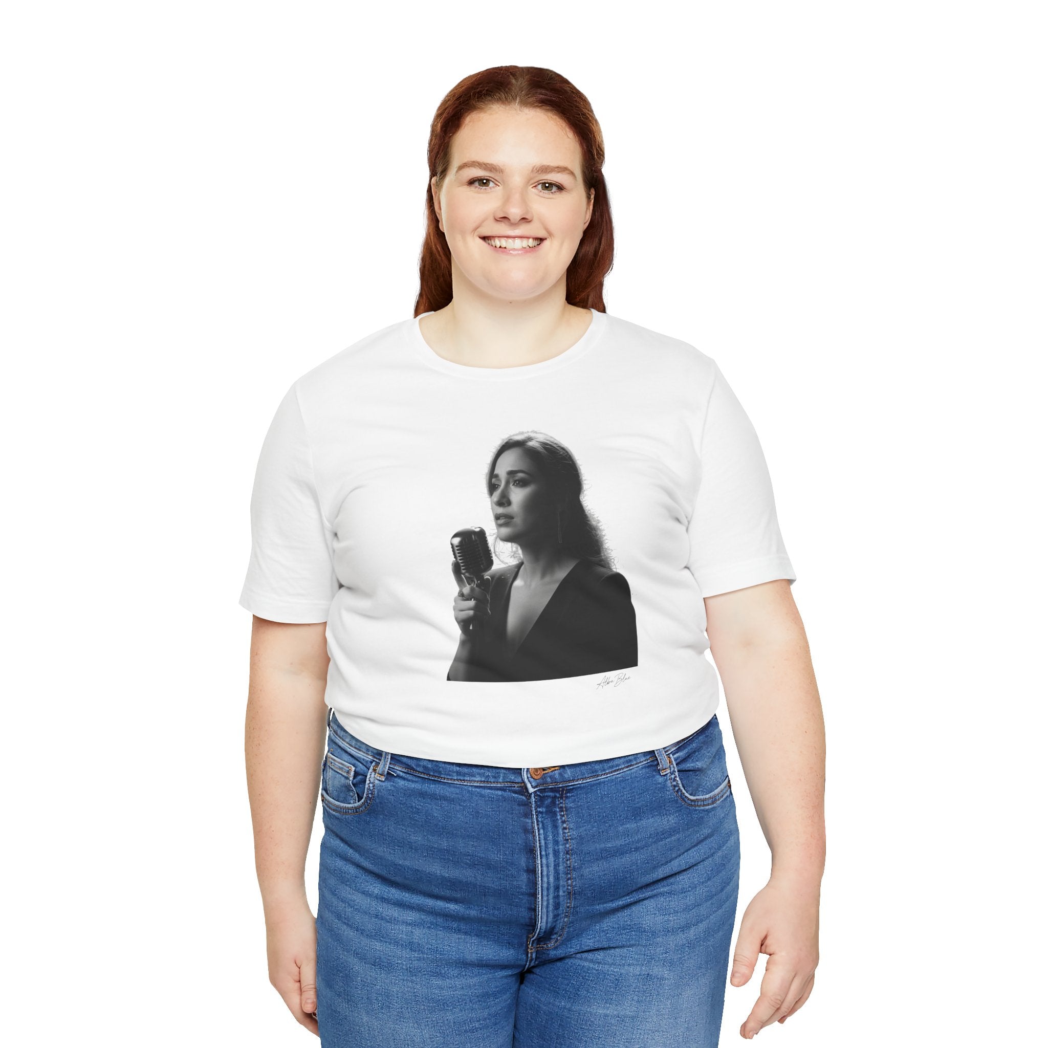 Alba Blue with Vintage Microphone Portrait T‑Shirt - Retro Singer Black & White Photo Tee