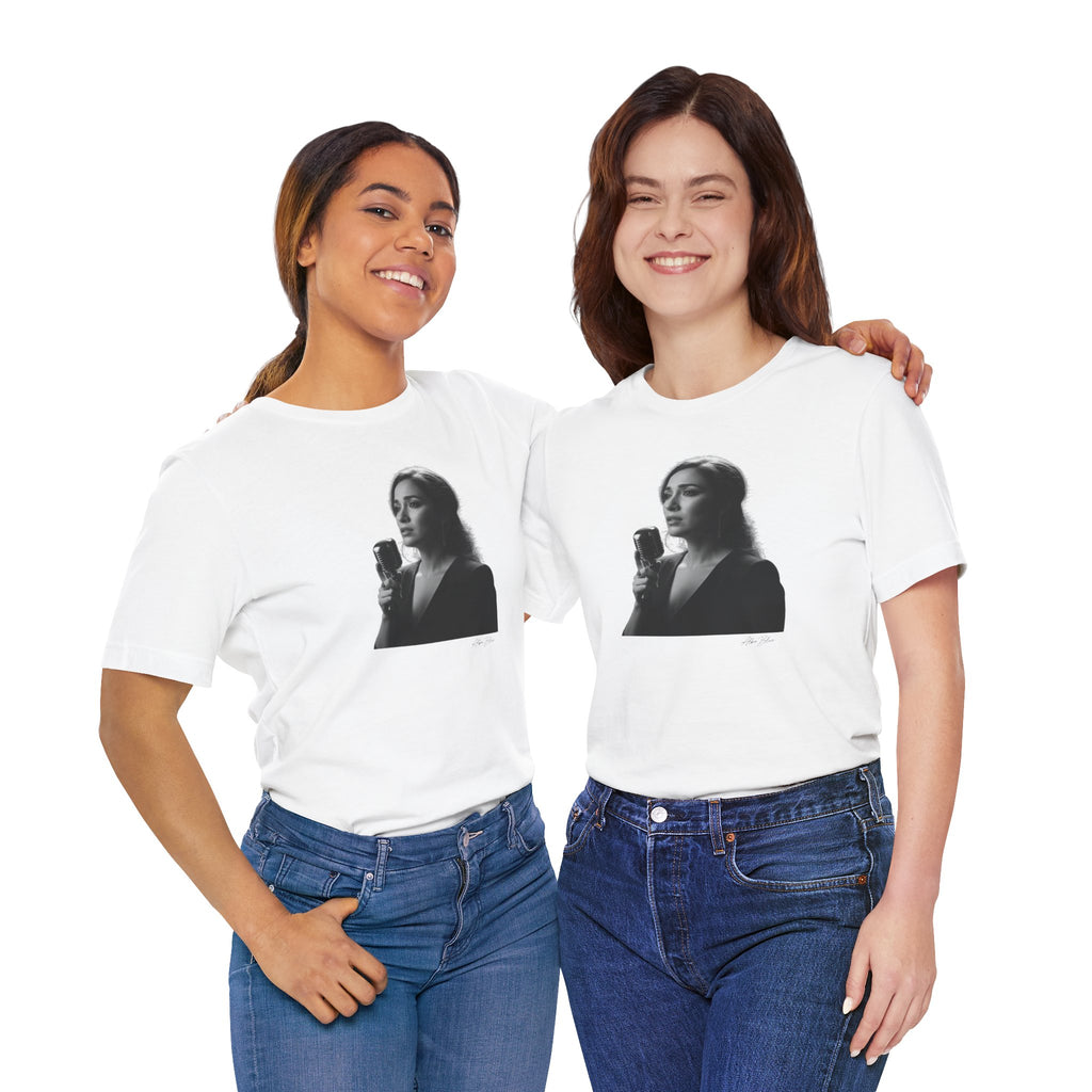 Alba Blue with Vintage Microphone Portrait T‑Shirt - Retro Singer Black & White Photo Tee