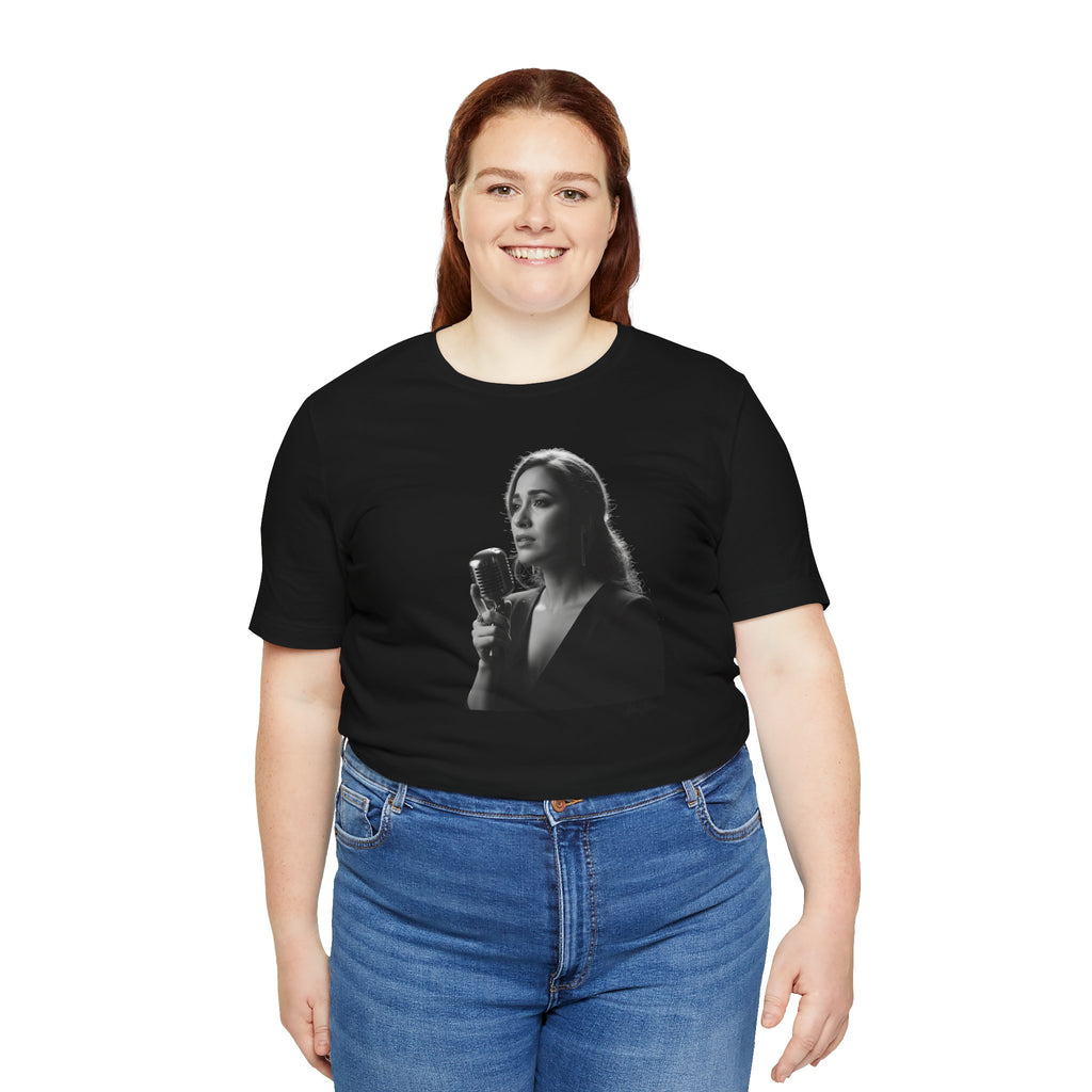 Alba Blue with Vintage Microphone Portrait T‑Shirt - Retro Singer Black & White Photo Tee