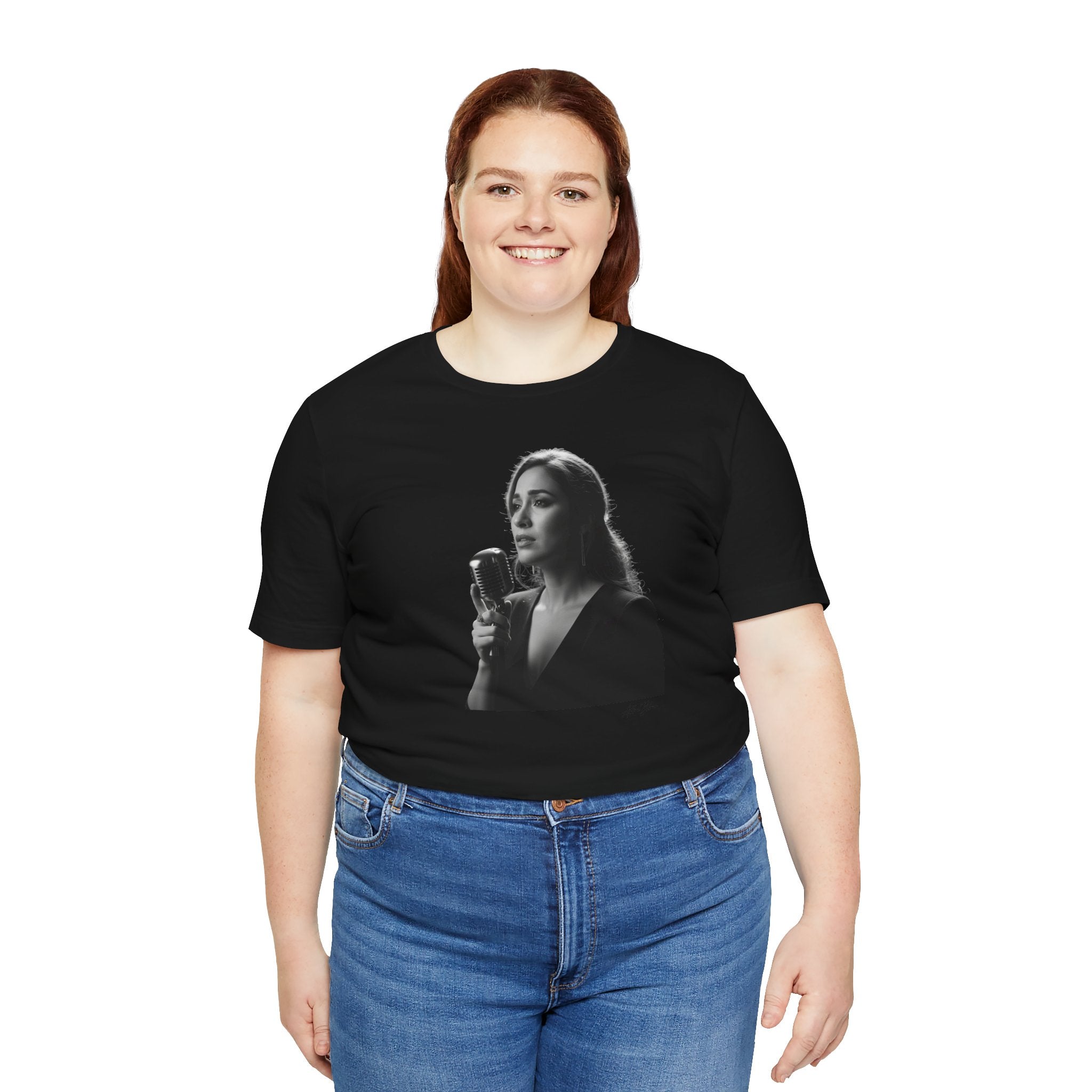 Alba Blue with Vintage Microphone Portrait T‑Shirt - Retro Singer Black & White Photo Tee