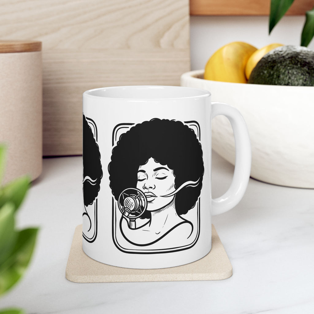 Afro Singer Ceramic Mug – Retro Microphone Black & White Coffee Cup (11oz/15oz)