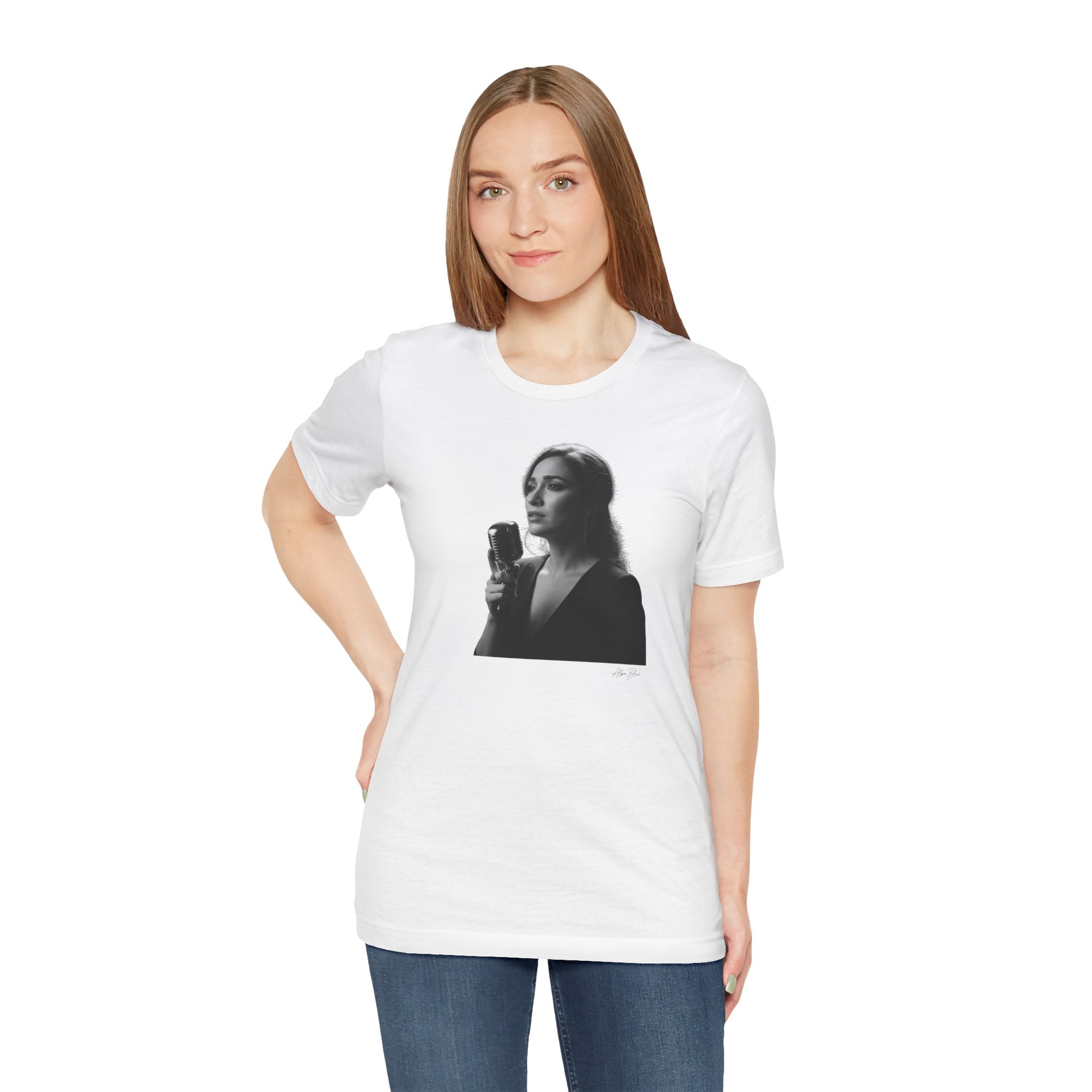 Alba Blue with Vintage Microphone Portrait T‑Shirt - Retro Singer Black & White Photo Tee