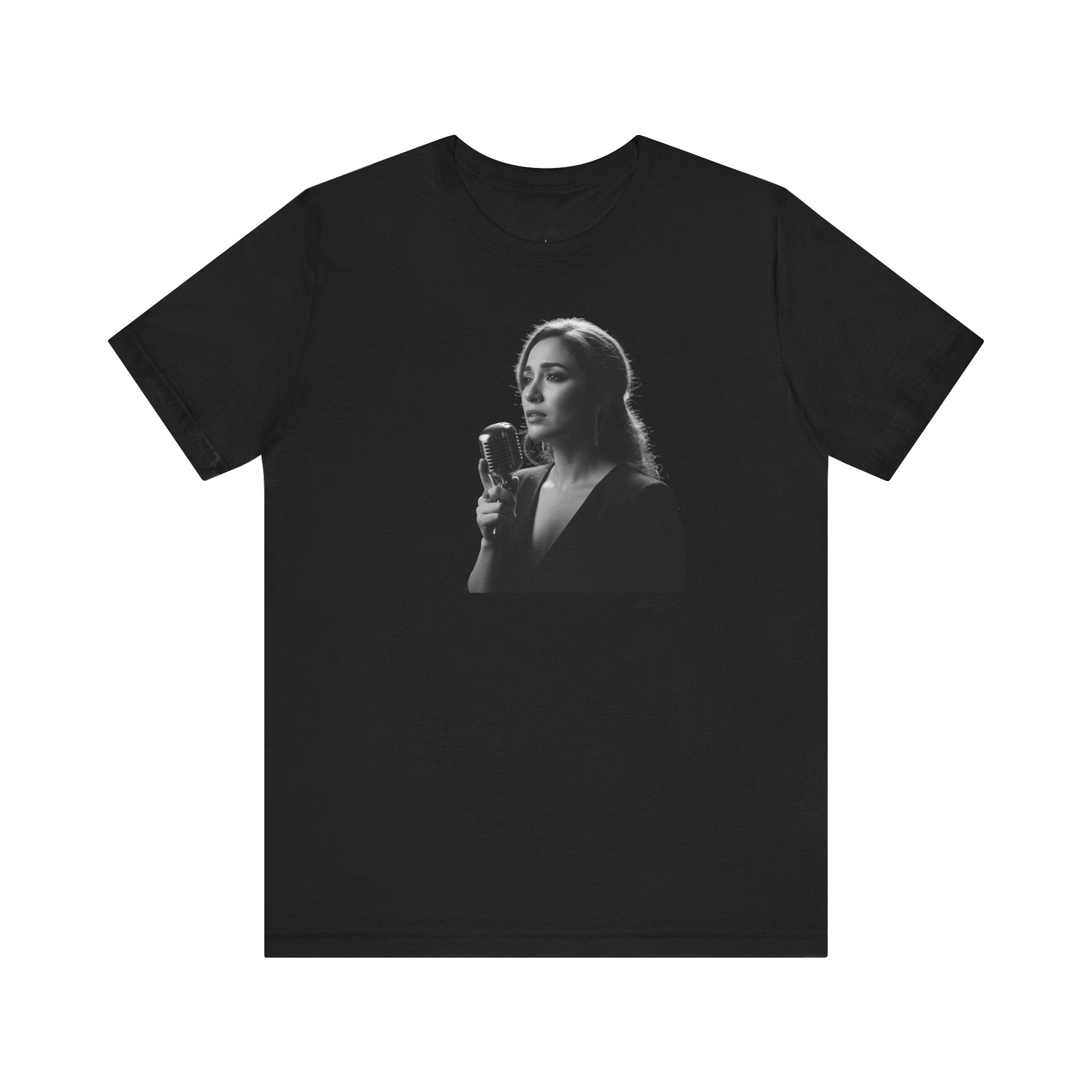 Alba Blue with Vintage Microphone Portrait T‑Shirt - Retro Singer Black & White Photo Tee