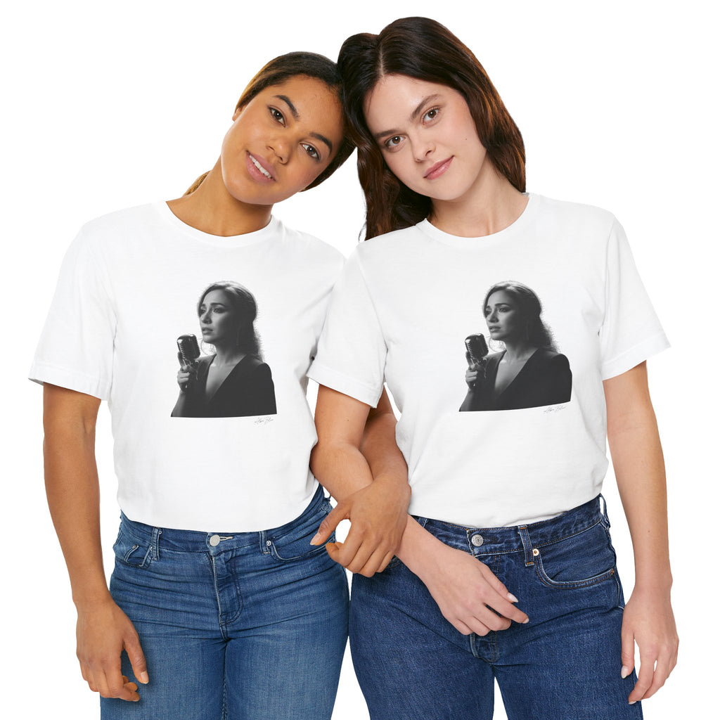Alba Blue with Vintage Microphone Portrait T‑Shirt - Retro Singer Black & White Photo Tee