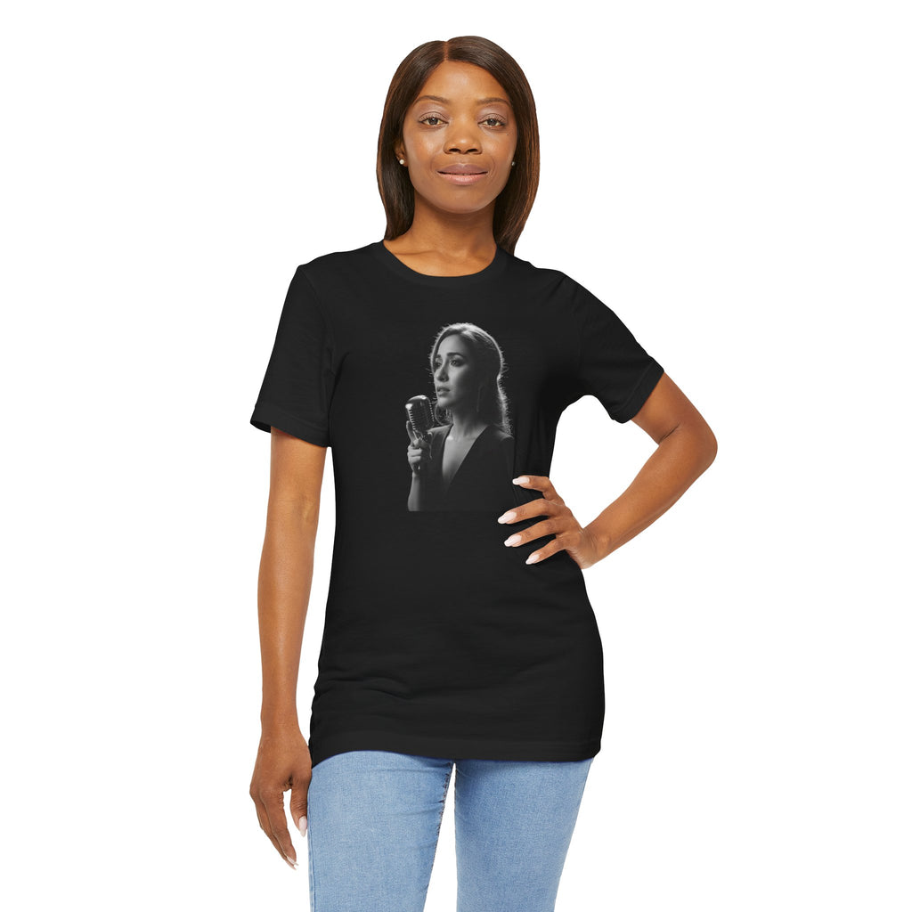 Alba Blue with Vintage Microphone Portrait T‑Shirt - Retro Singer Black & White Photo Tee