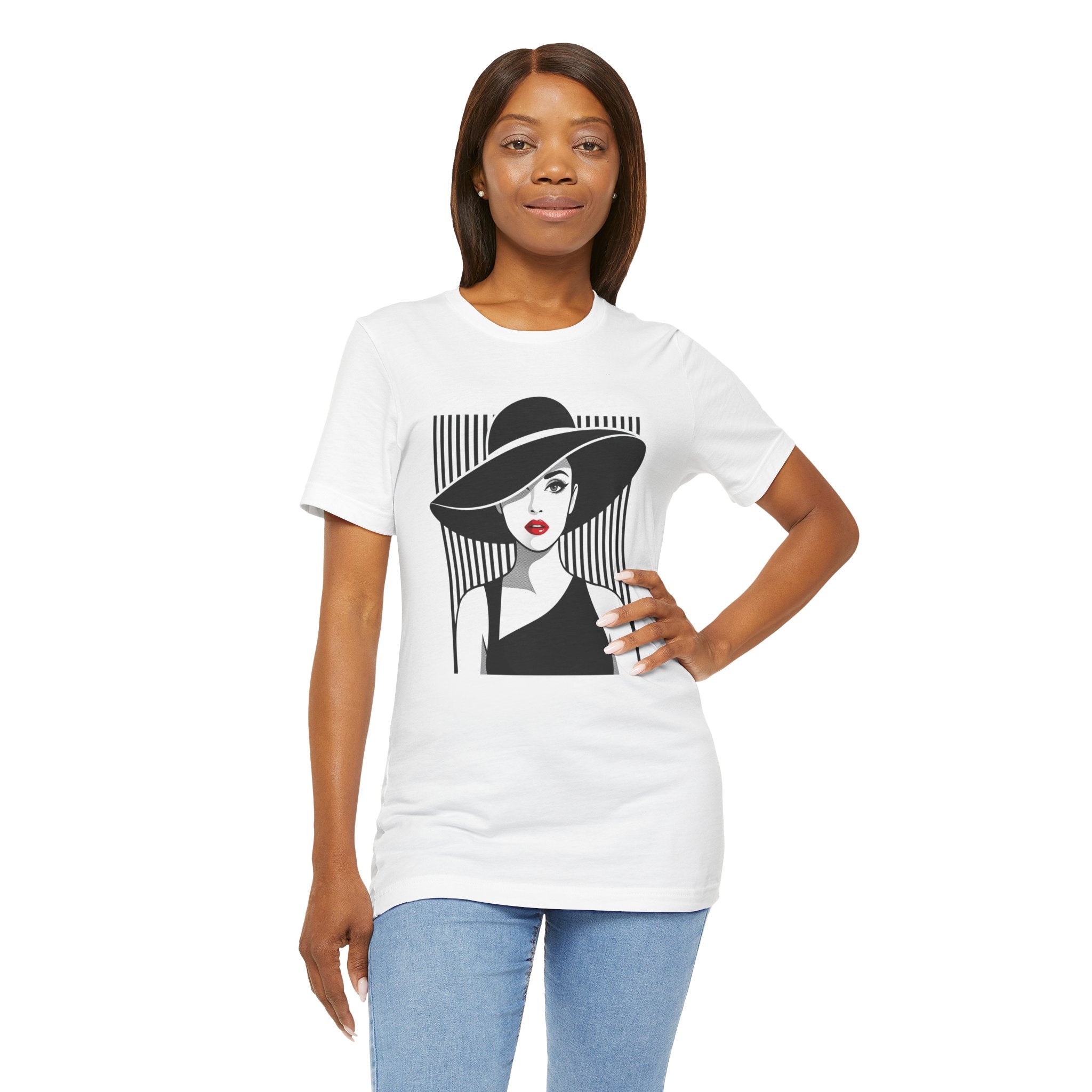 Vintage Chic Woman Graphic Tee — Stylish Fedora Portrait T-Shirt