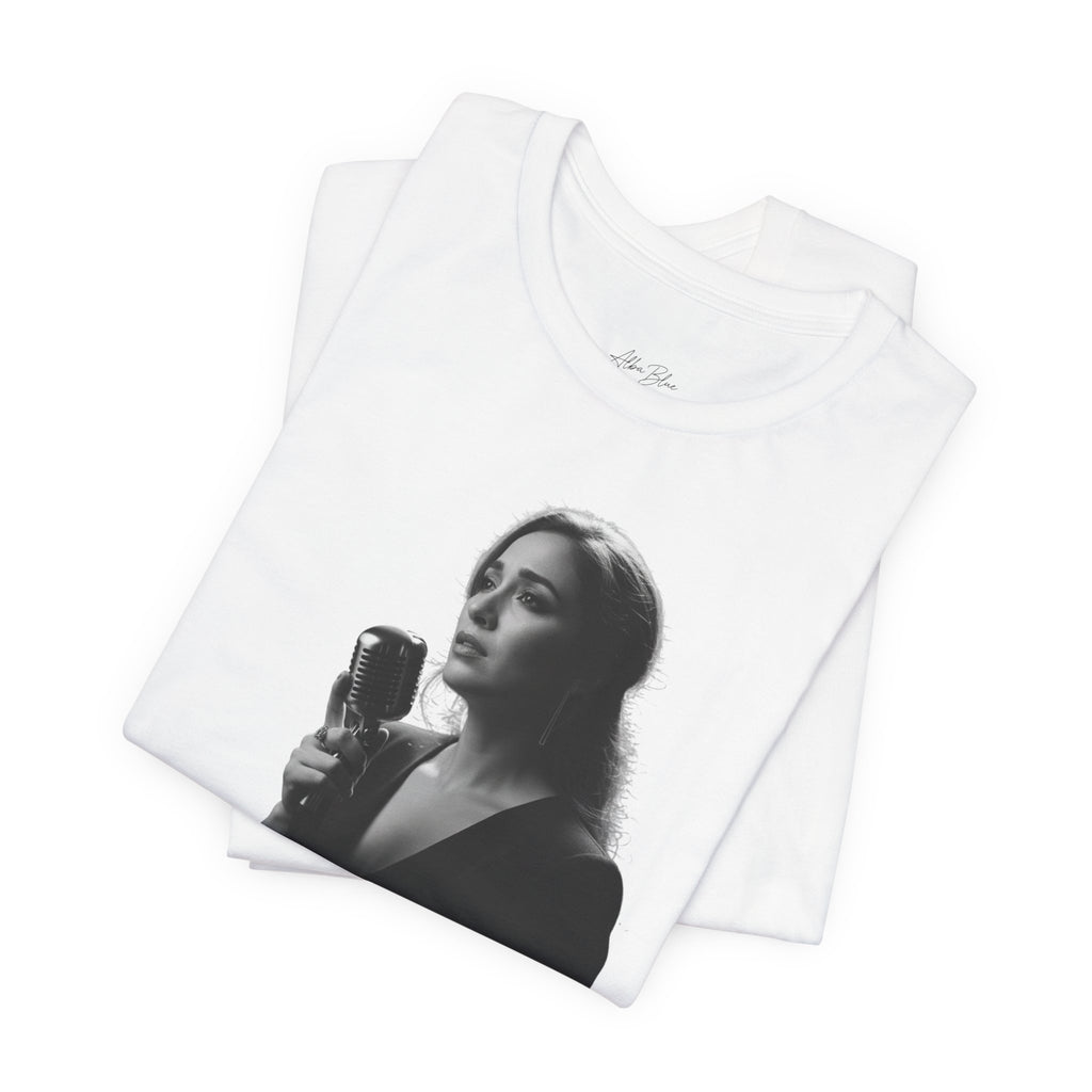 Alba Blue with Vintage Microphone Portrait T‑Shirt - Retro Singer Black & White Photo Tee