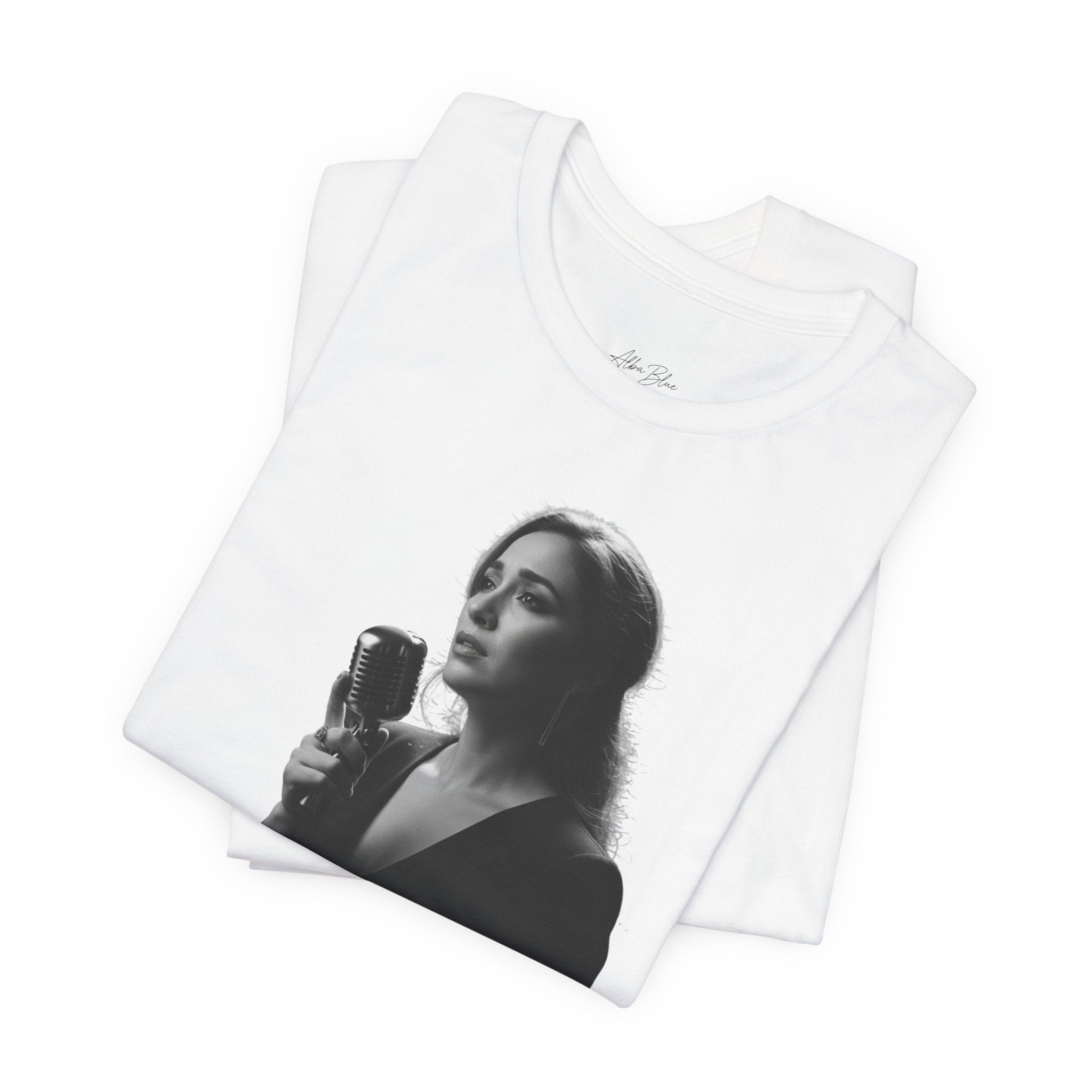 Alba Blue with Vintage Microphone Portrait T‑Shirt - Retro Singer Black & White Photo Tee