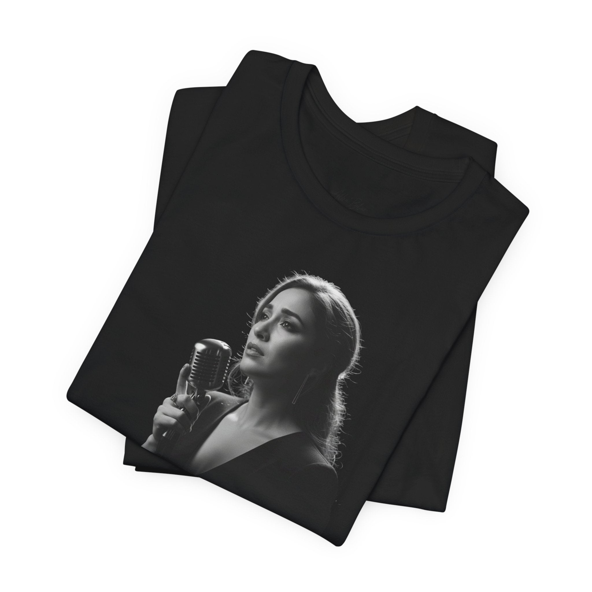 Alba Blue with Vintage Microphone Portrait T‑Shirt - Retro Singer Black & White Photo Tee