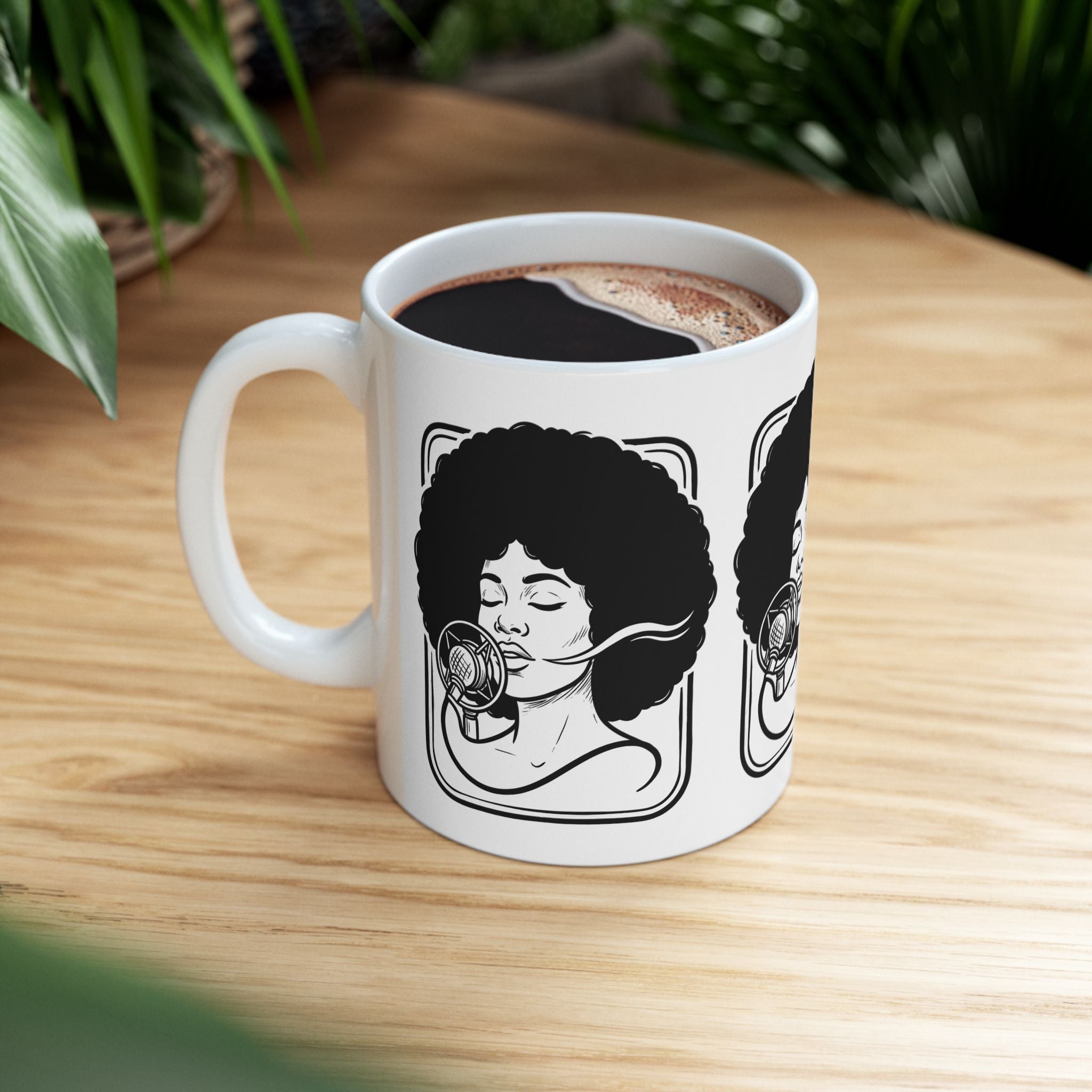 Afro Singer Ceramic Mug – Retro Microphone Black & White Coffee Cup (11oz/15oz)