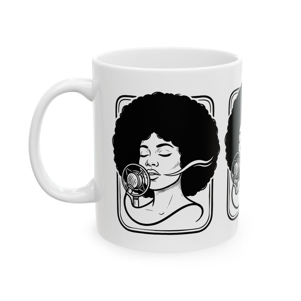 Afro Singer Ceramic Mug – Retro Microphone Black & White Coffee Cup (11oz/15oz)