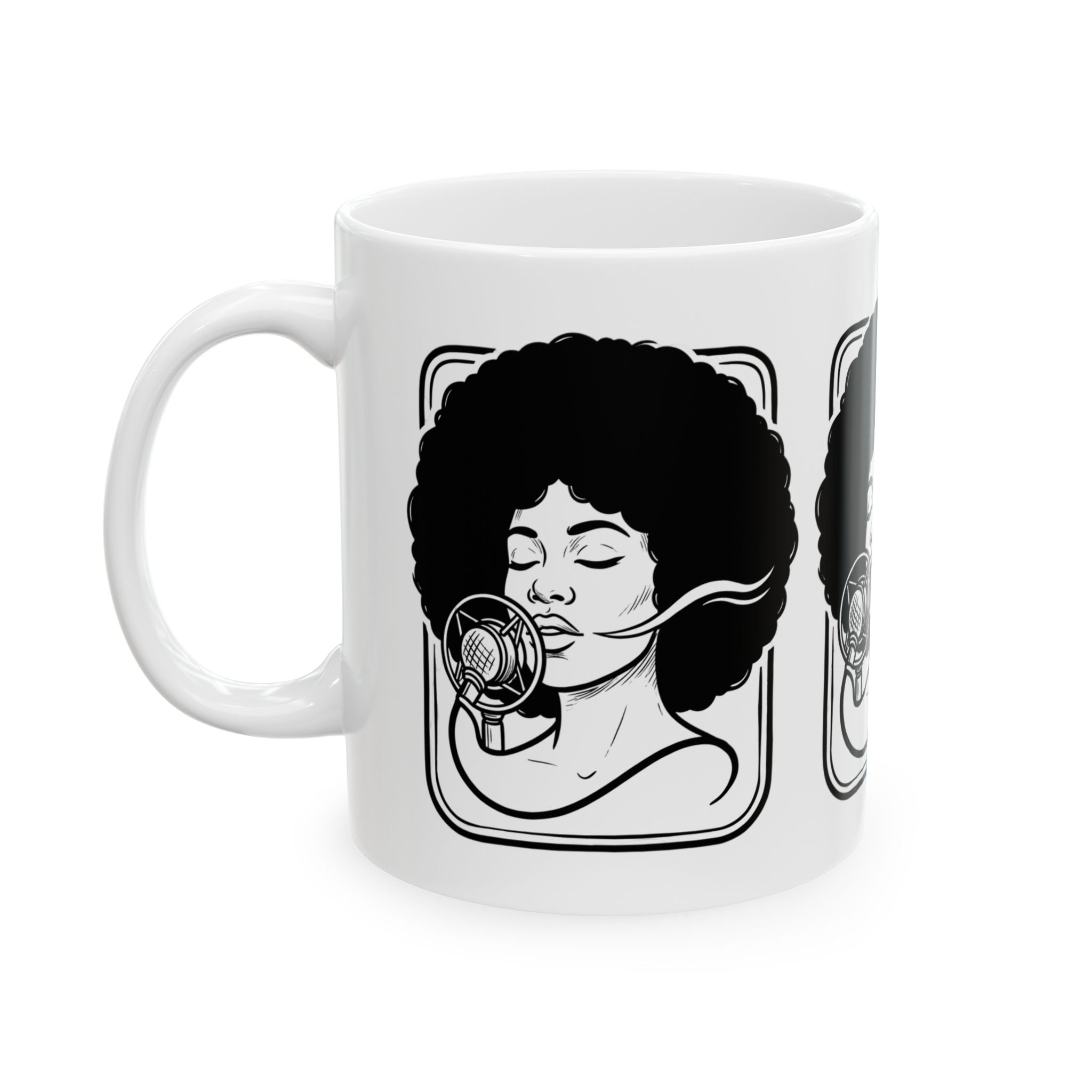 Afro Singer Ceramic Mug – Retro Microphone Black & White Coffee Cup (11oz/15oz)