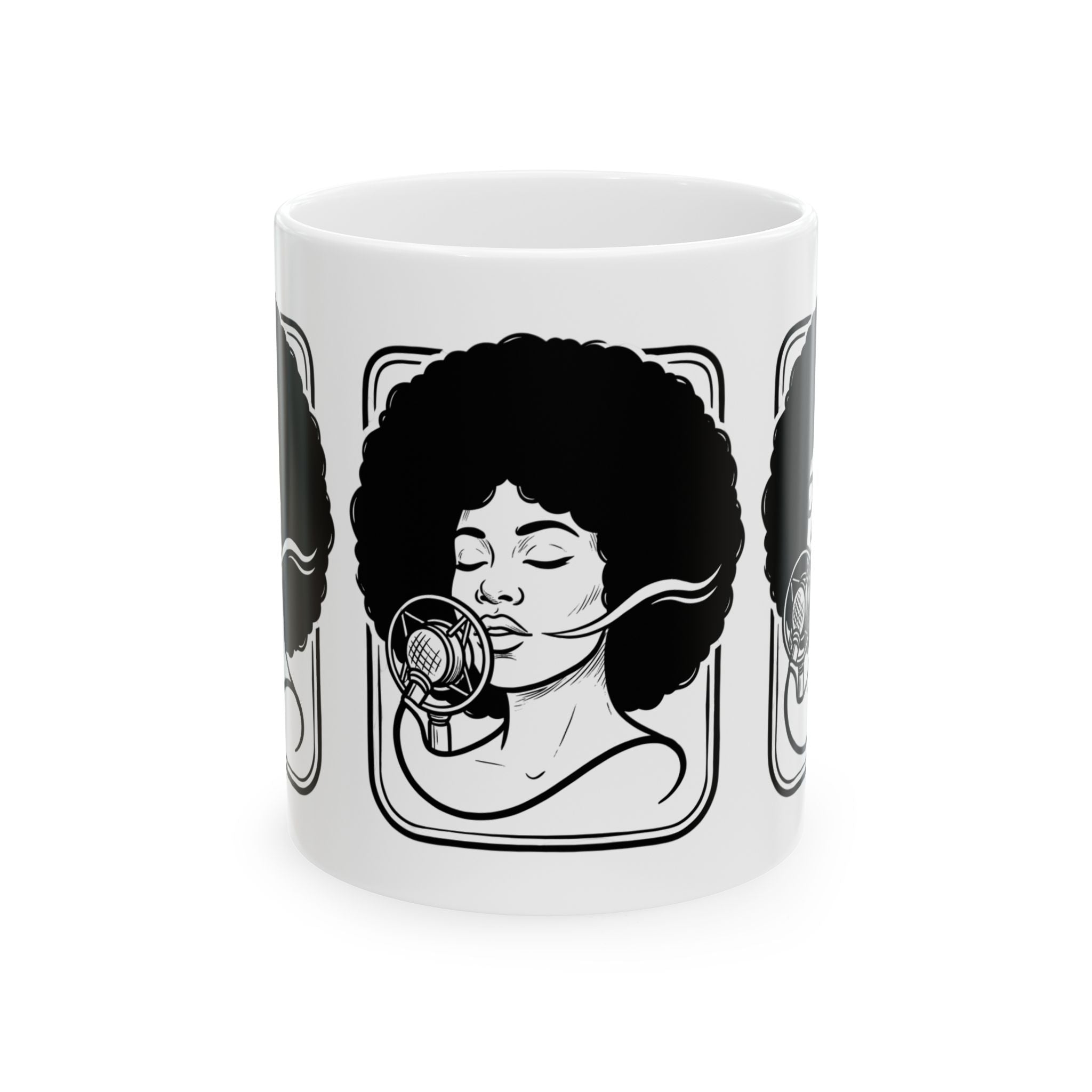 Afro Singer Ceramic Mug – Retro Microphone Black & White Coffee Cup (11oz/15oz)