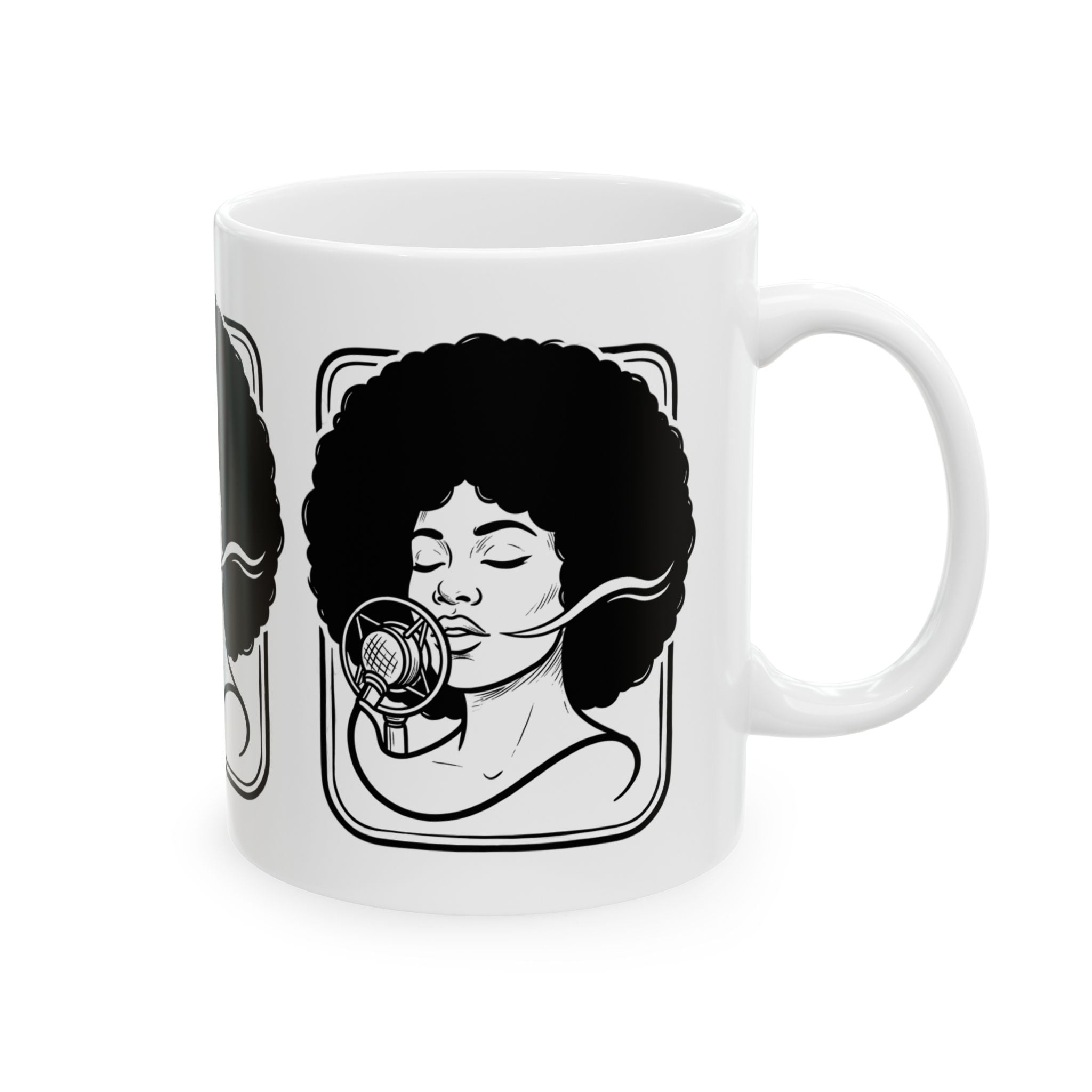 Afro Singer Ceramic Mug – Retro Microphone Black & White Coffee Cup (11oz/15oz)