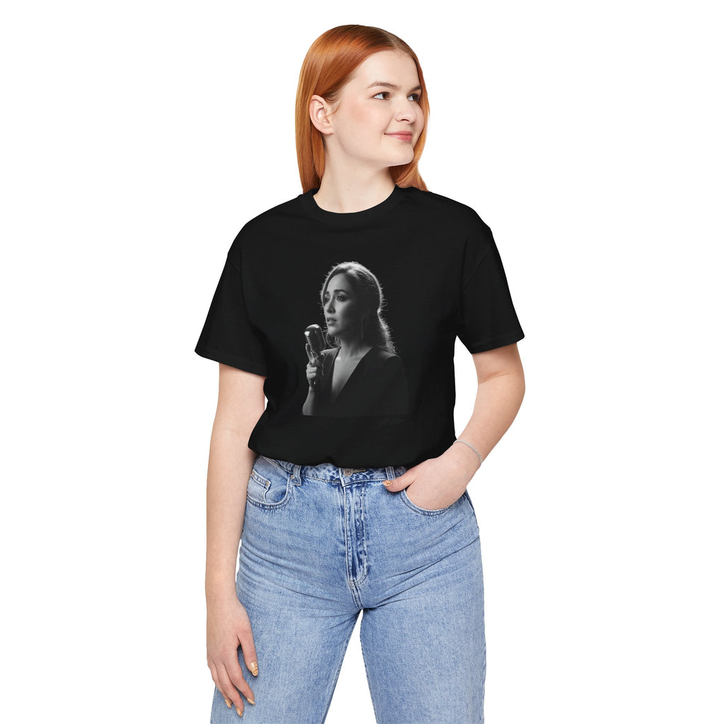 Alba Blue with Vintage Microphone Portrait T‑Shirt - Retro Singer Black & White Photo Tee