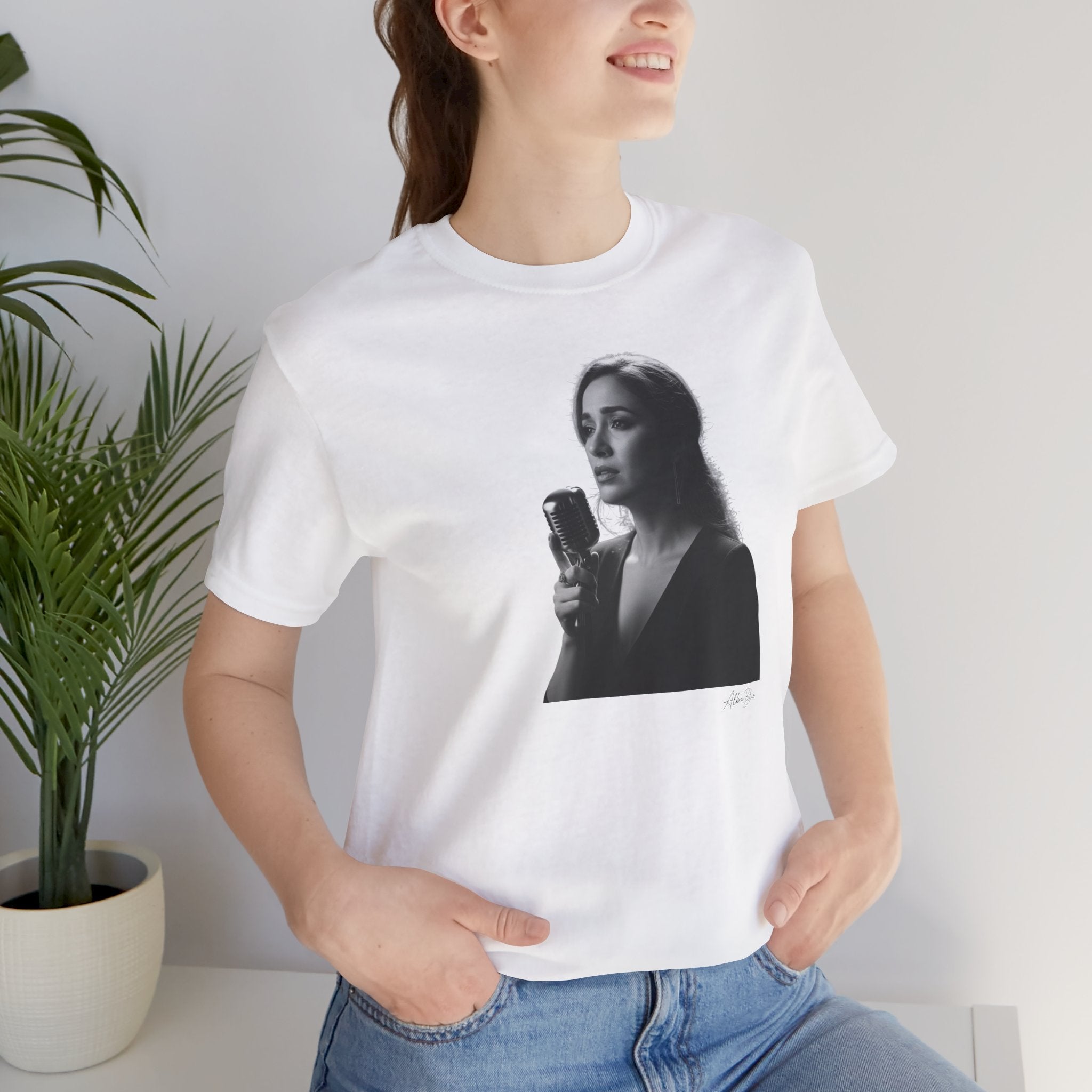 Alba Blue with Vintage Microphone Portrait T‑Shirt - Retro Singer Black & White Photo Tee