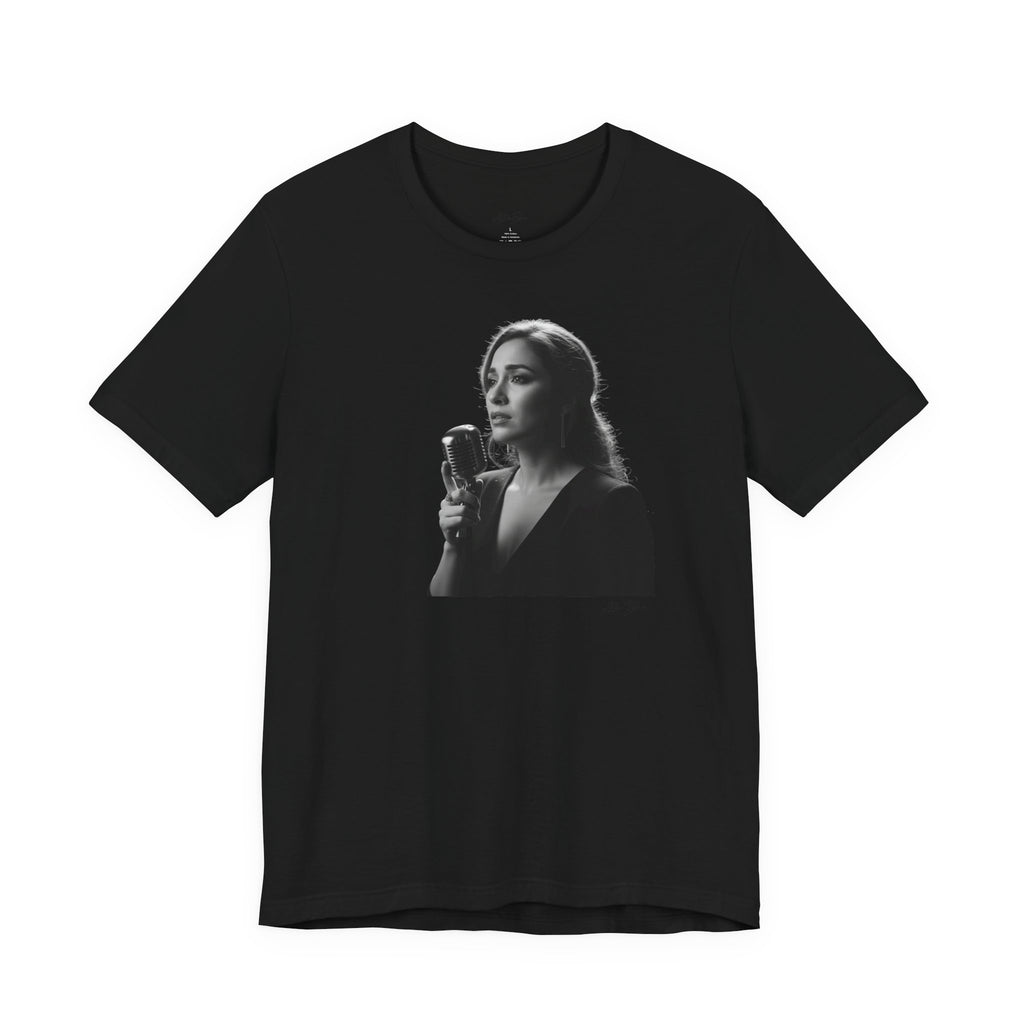 Alba Blue with Vintage Microphone Portrait T‑Shirt - Retro Singer Black & White Photo Tee