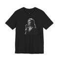 Alba Blue with Vintage Microphone Portrait T‑Shirt - Retro Singer Black & White Photo Tee