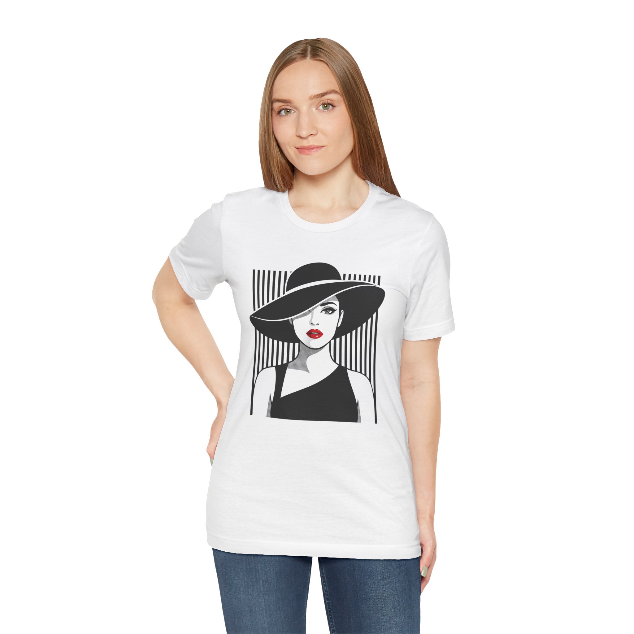 Vintage Chic Woman Graphic Tee — Stylish Fedora Portrait T-Shirt