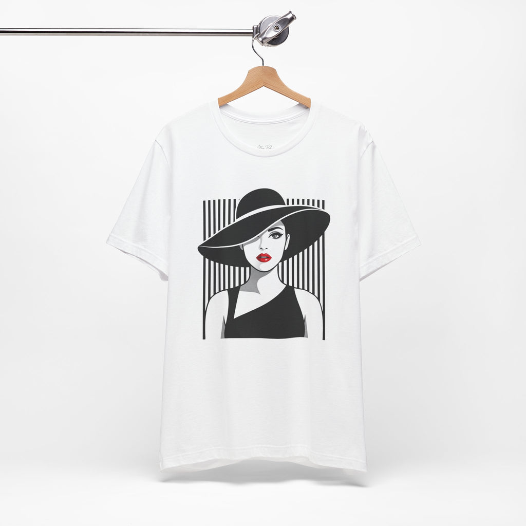 Vintage Chic Woman Graphic Tee — Stylish Fedora Portrait T-Shirt