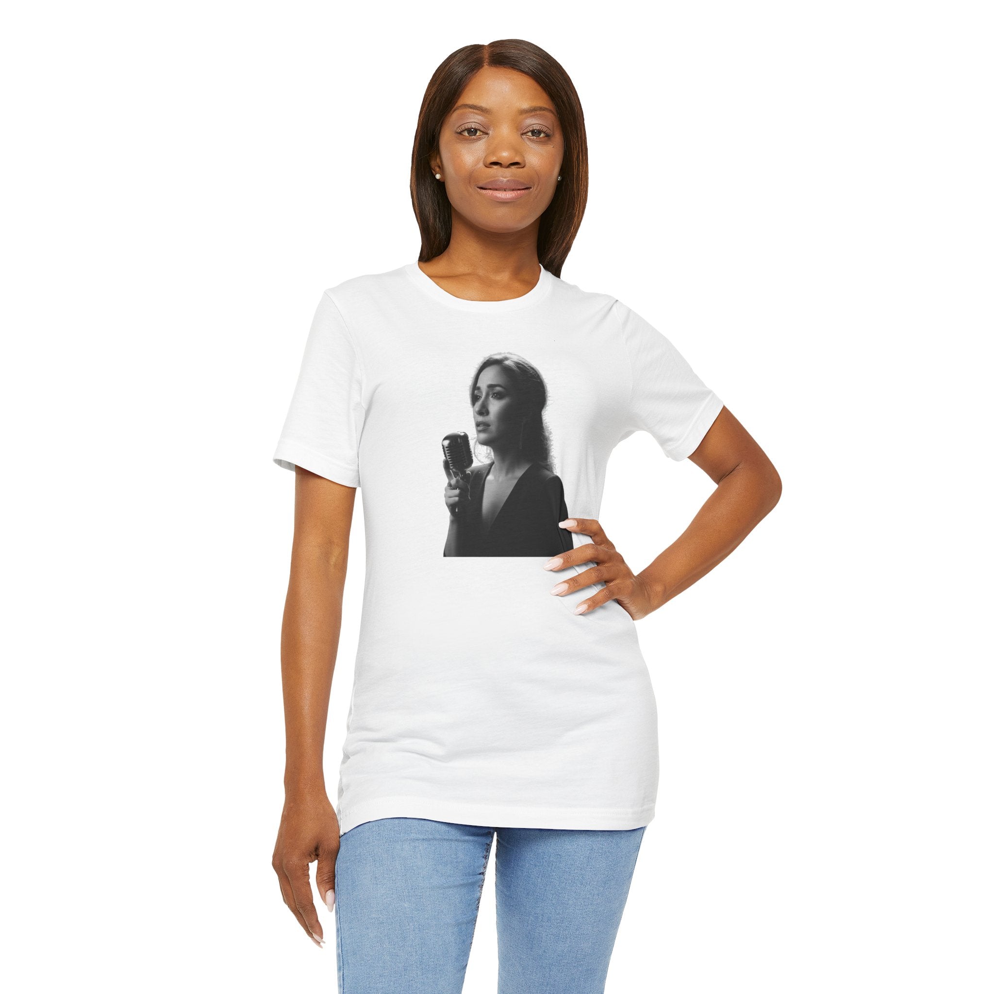 Alba Blue with Vintage Microphone Portrait T‑Shirt - Retro Singer Black & White Photo Tee