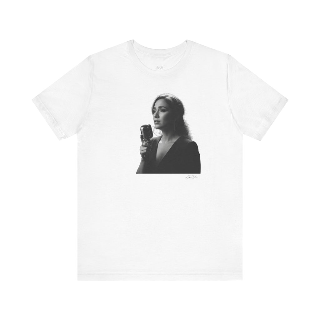 Alba Blue with Vintage Microphone Portrait T‑Shirt - Retro Singer Black & White Photo Tee