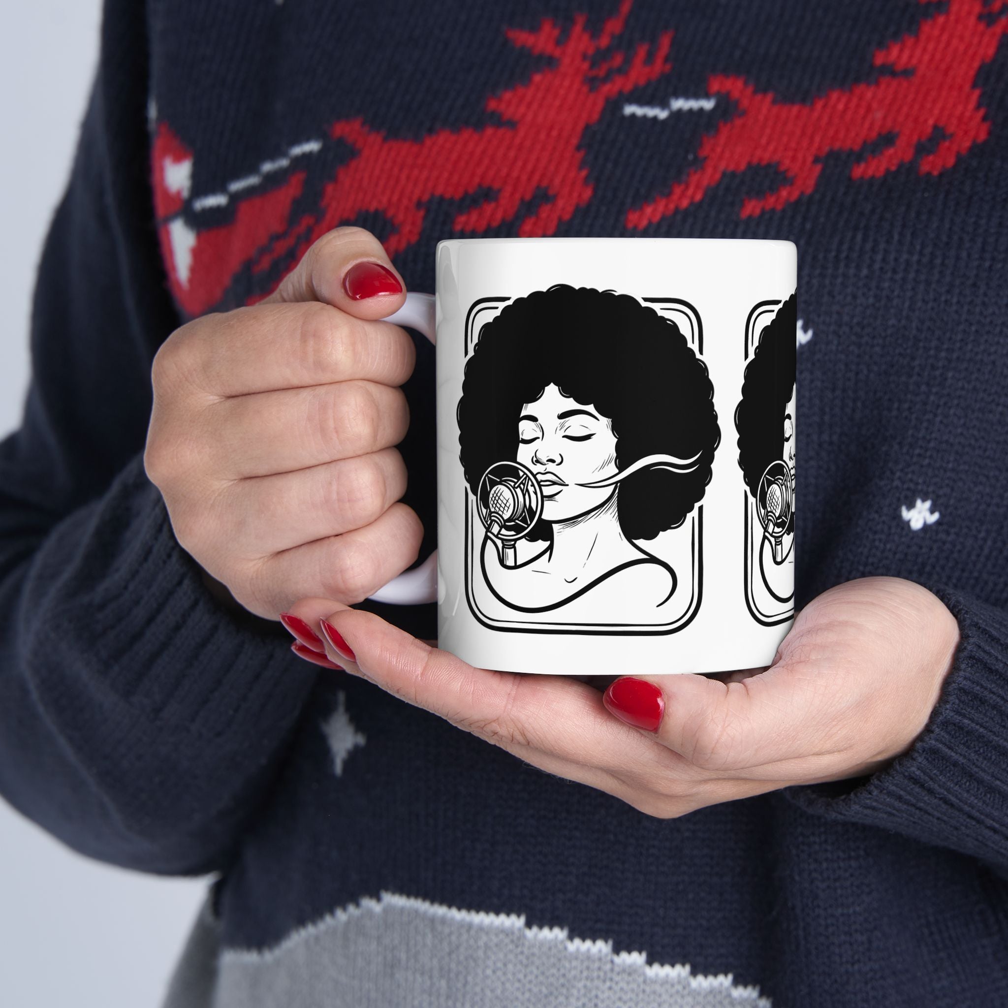 Afro Singer Ceramic Mug – Retro Microphone Black & White Coffee Cup (11oz/15oz)