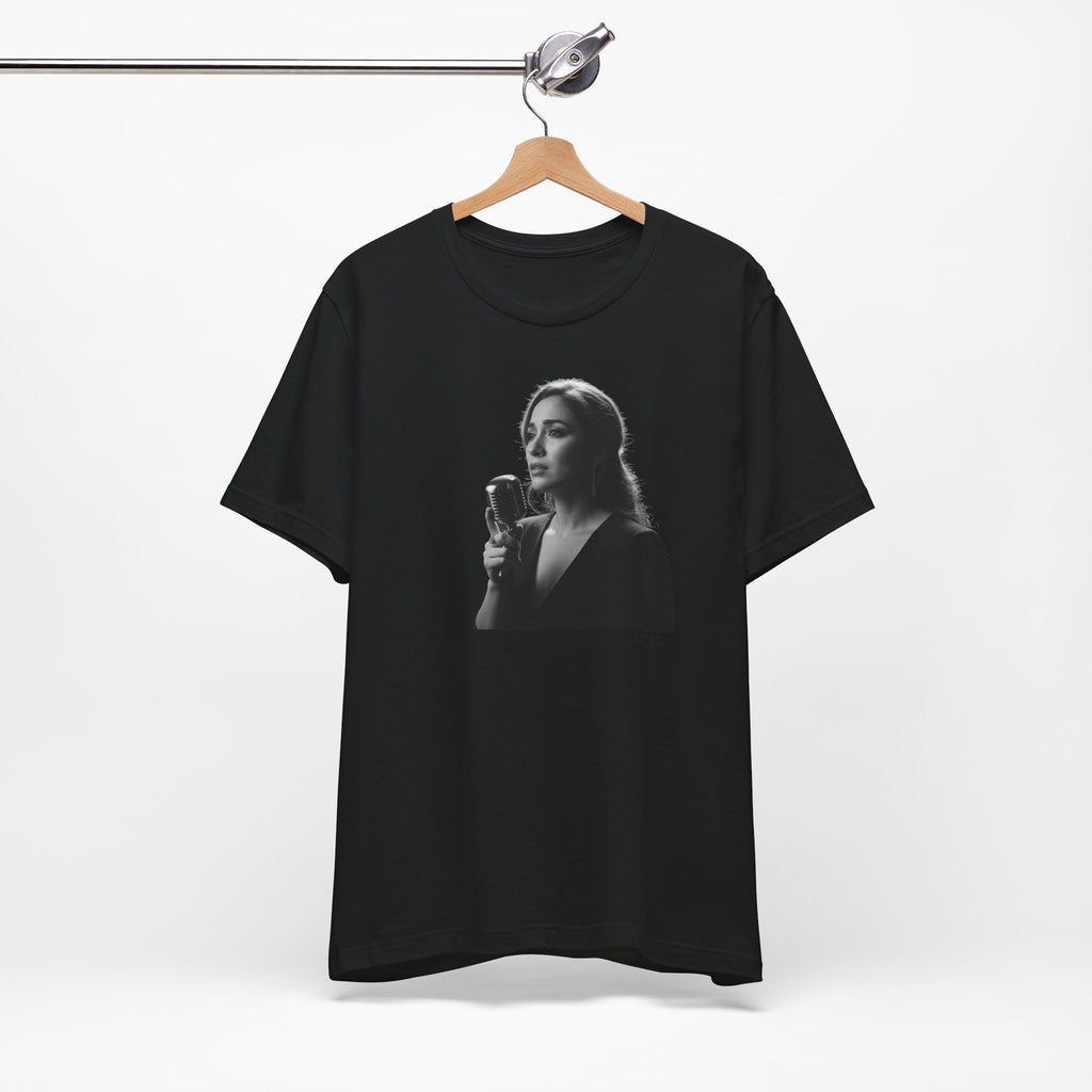 Alba Blue with Vintage Microphone Portrait T‑Shirt - Retro Singer Black & White Photo Tee