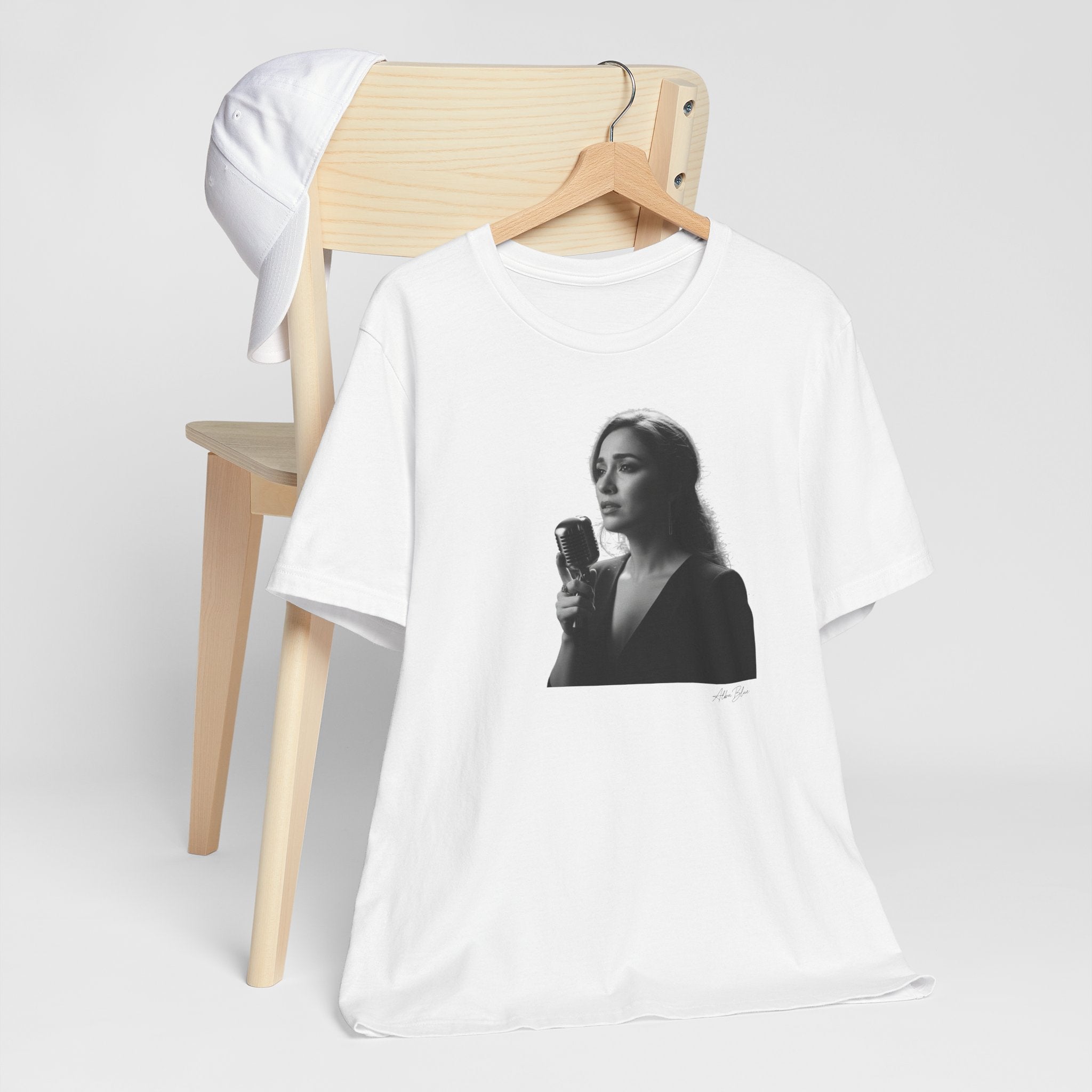 Alba Blue with Vintage Microphone Portrait T‑Shirt - Retro Singer Black & White Photo Tee
