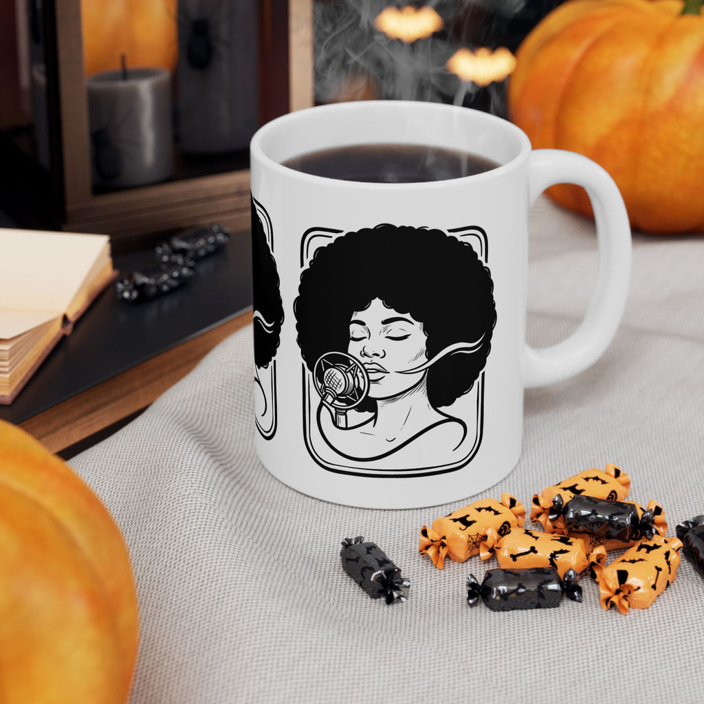 Afro Singer Ceramic Mug – Retro Microphone Black & White Coffee Cup (11oz/15oz)