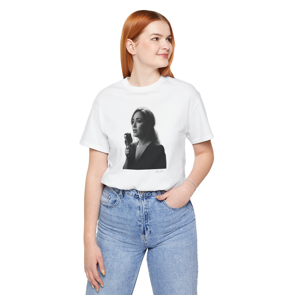 Alba Blue with Vintage Microphone Portrait T‑Shirt - Retro Singer Black & White Photo Tee