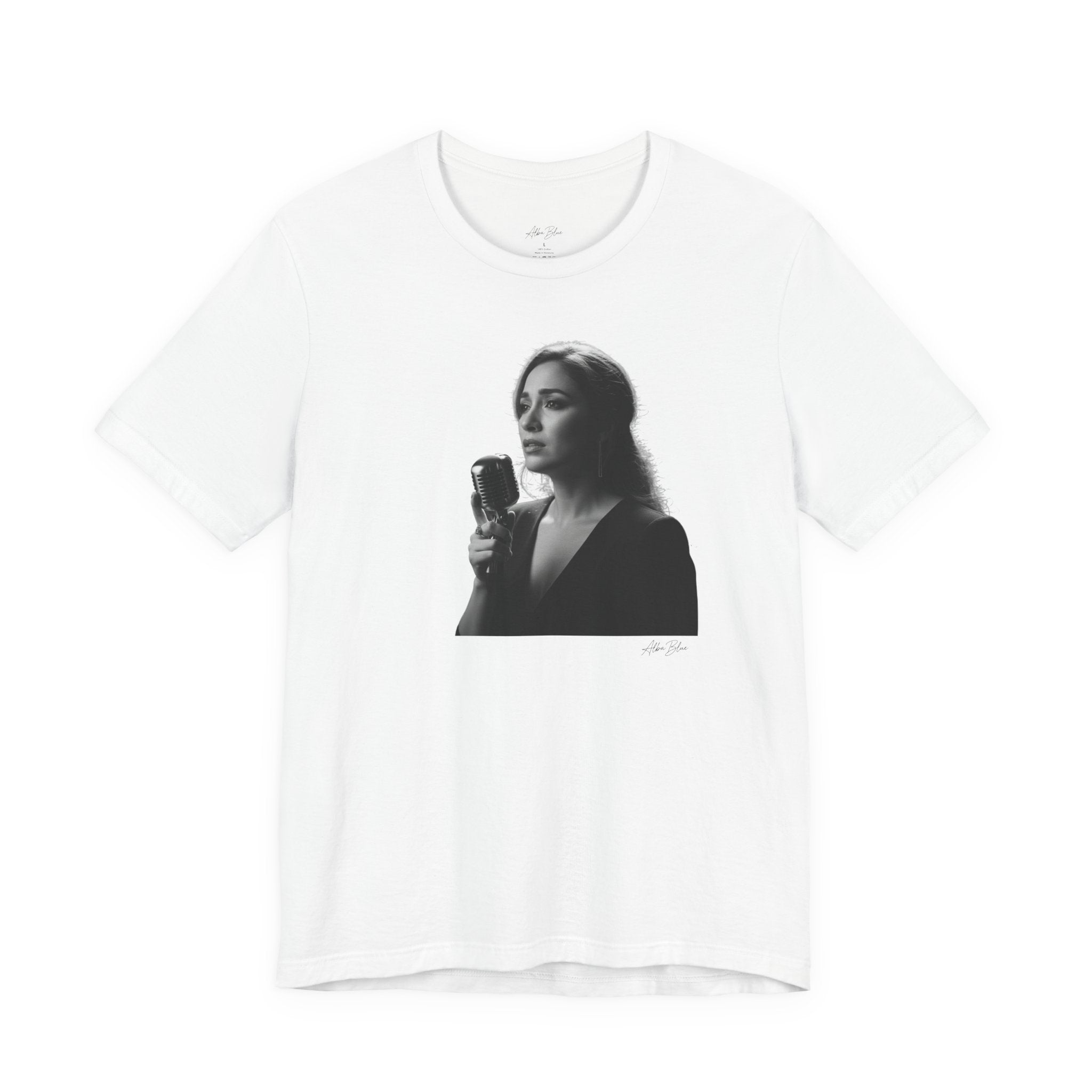 Alba Blue with Vintage Microphone Portrait T‑Shirt - Retro Singer Black & White Photo Tee