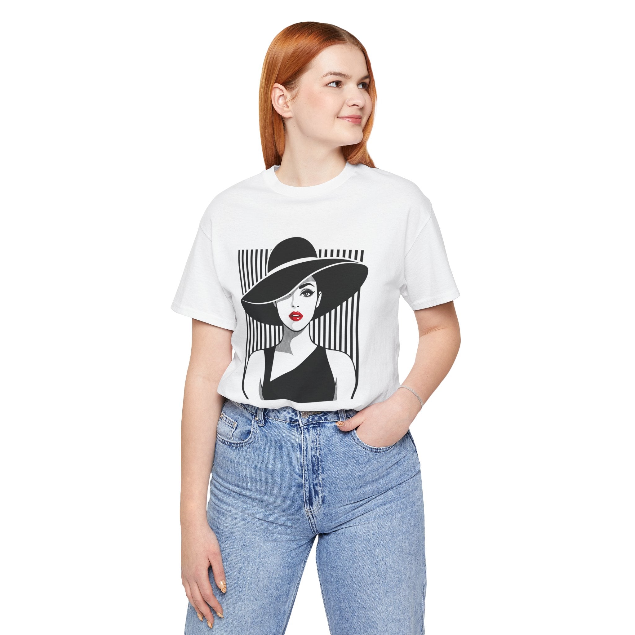 Vintage Chic Woman Graphic Tee — Stylish Fedora Portrait T-Shirt