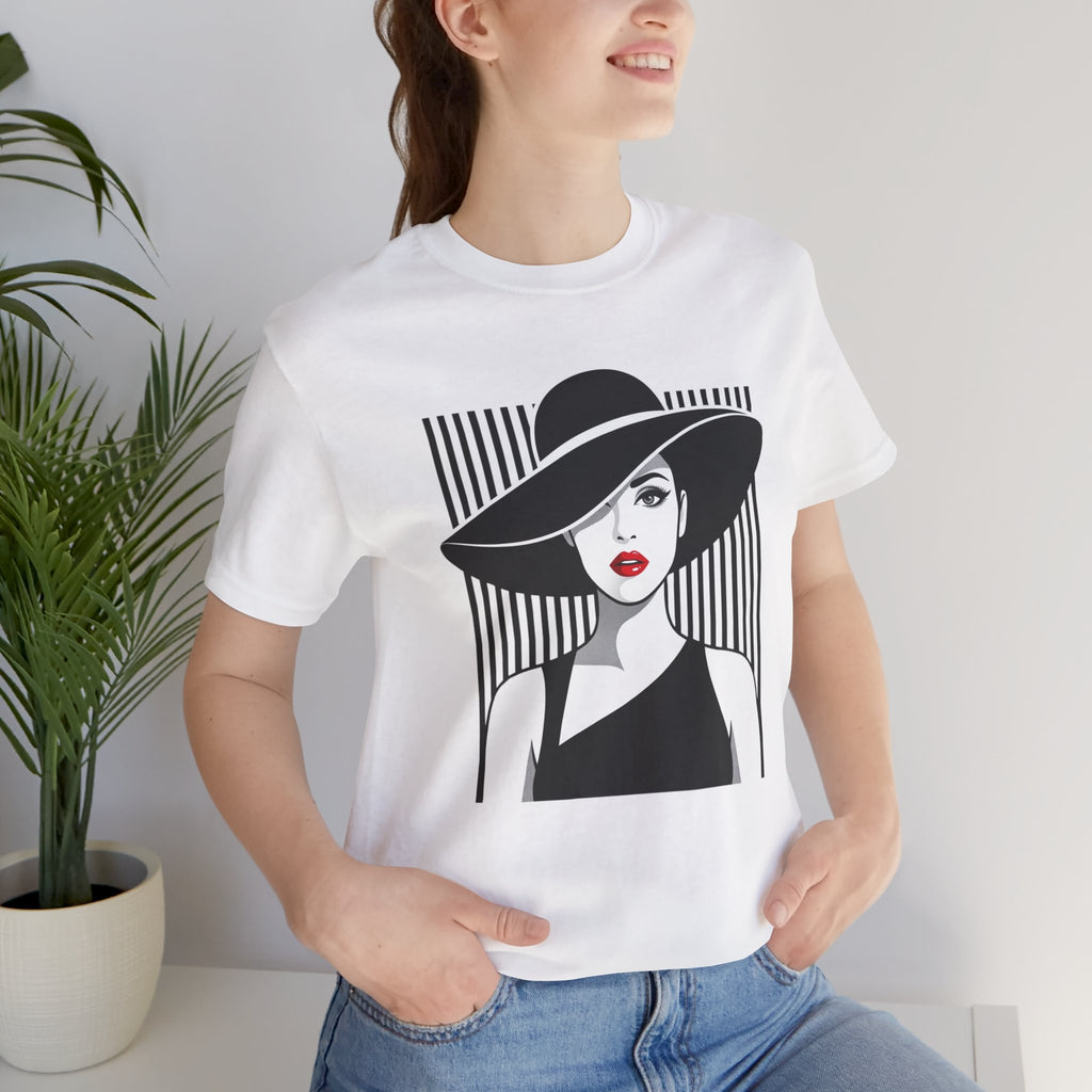 Vintage Chic Woman Graphic Tee — Stylish Fedora Portrait T-Shirt