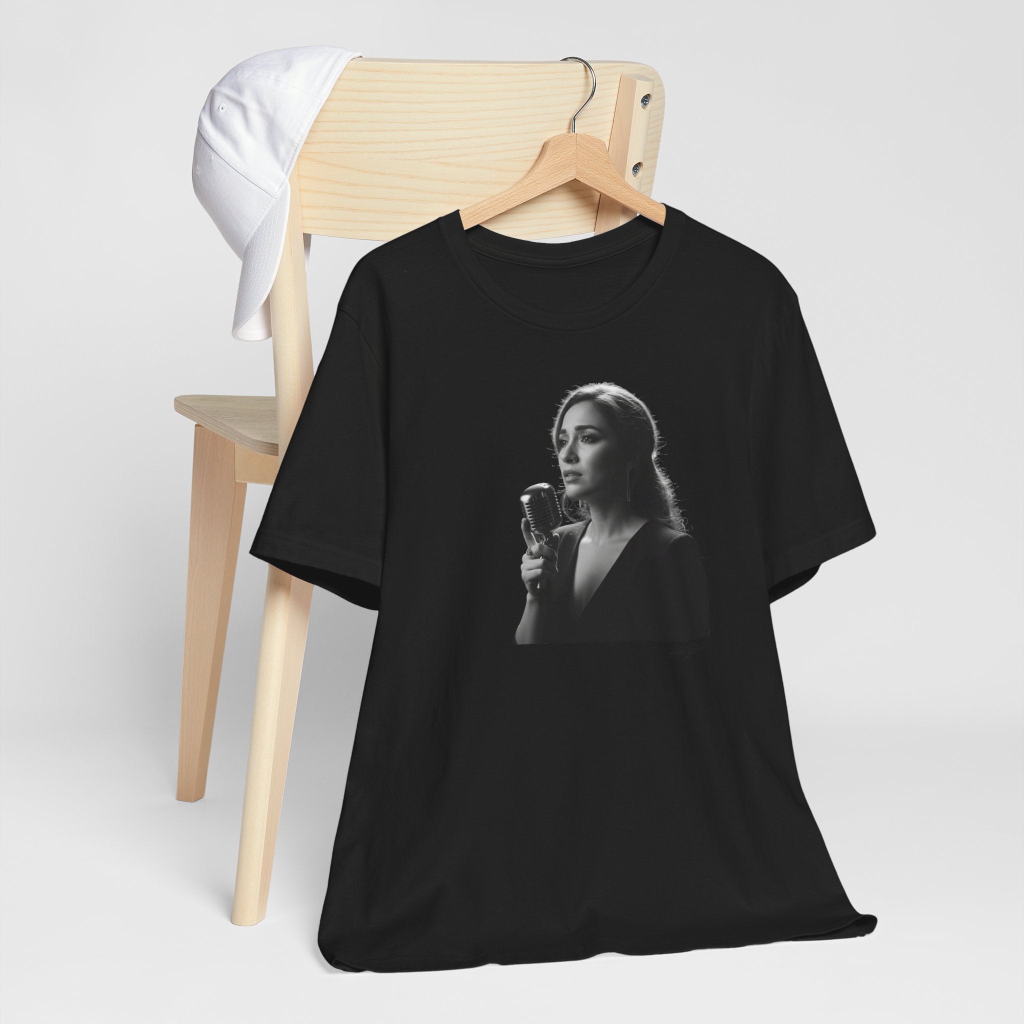 Alba Blue with Vintage Microphone Portrait T‑Shirt - Retro Singer Black & White Photo Tee