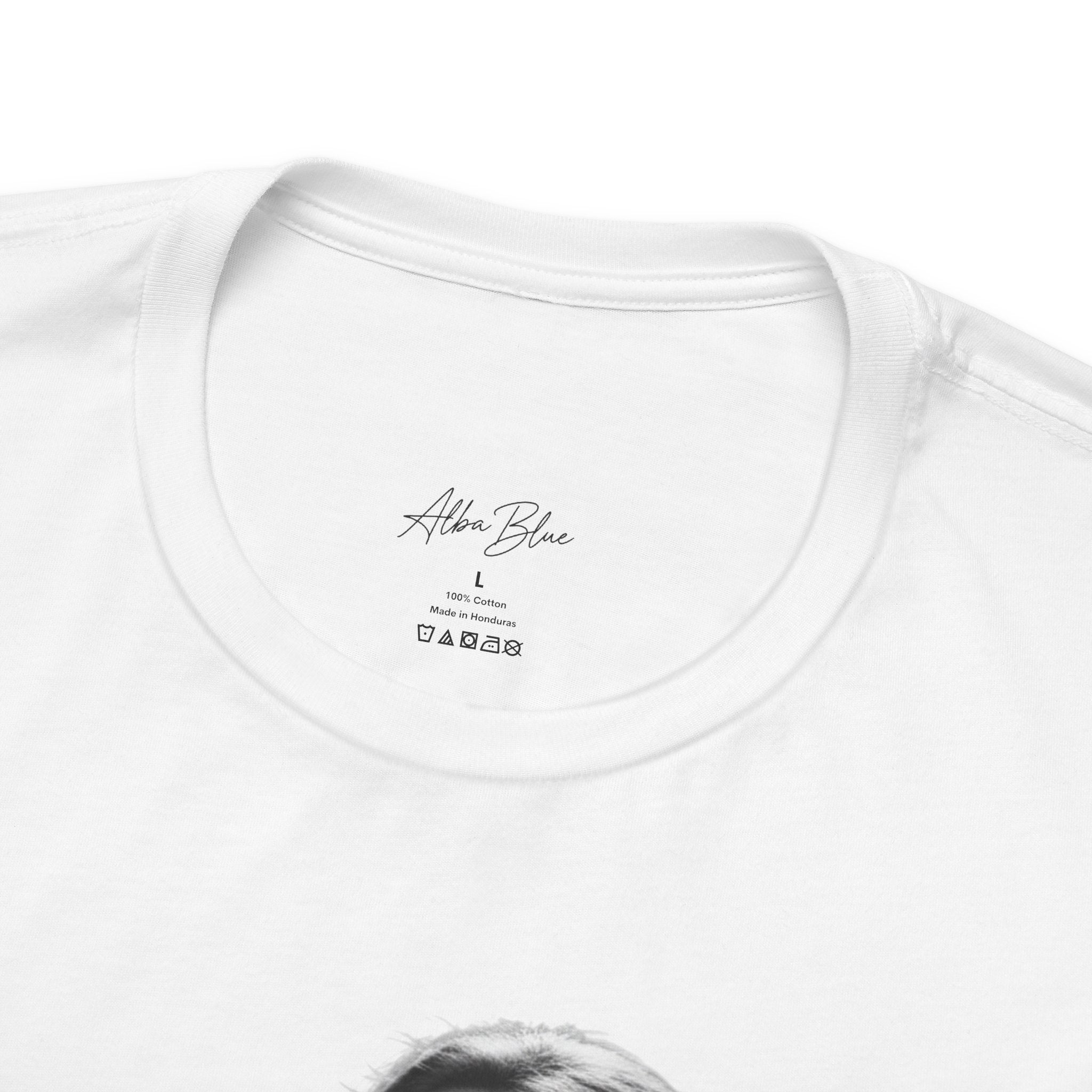 Alba Blue with Vintage Microphone Portrait T‑Shirt - Retro Singer Black & White Photo Tee