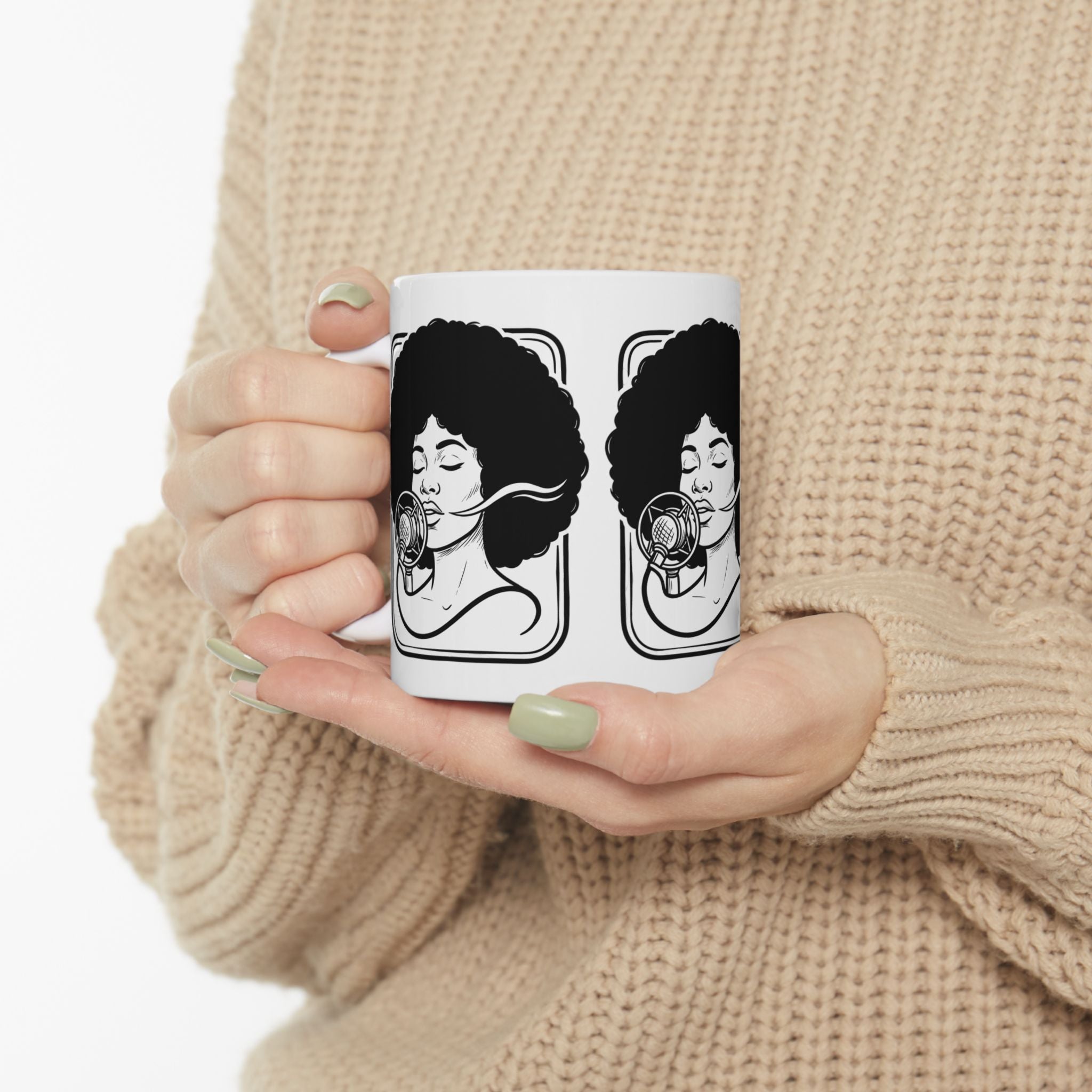 Afro Singer Ceramic Mug – Retro Microphone Black & White Coffee Cup (11oz/15oz)