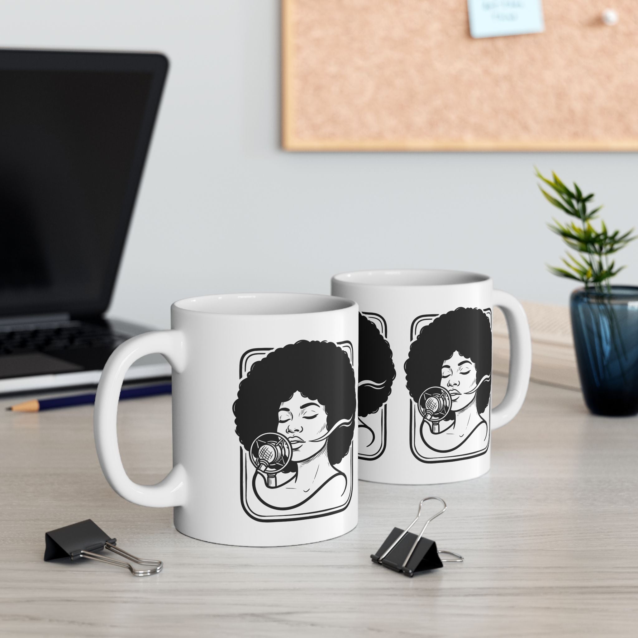 Afro Singer Ceramic Mug – Retro Microphone Black & White Coffee Cup (11oz/15oz)