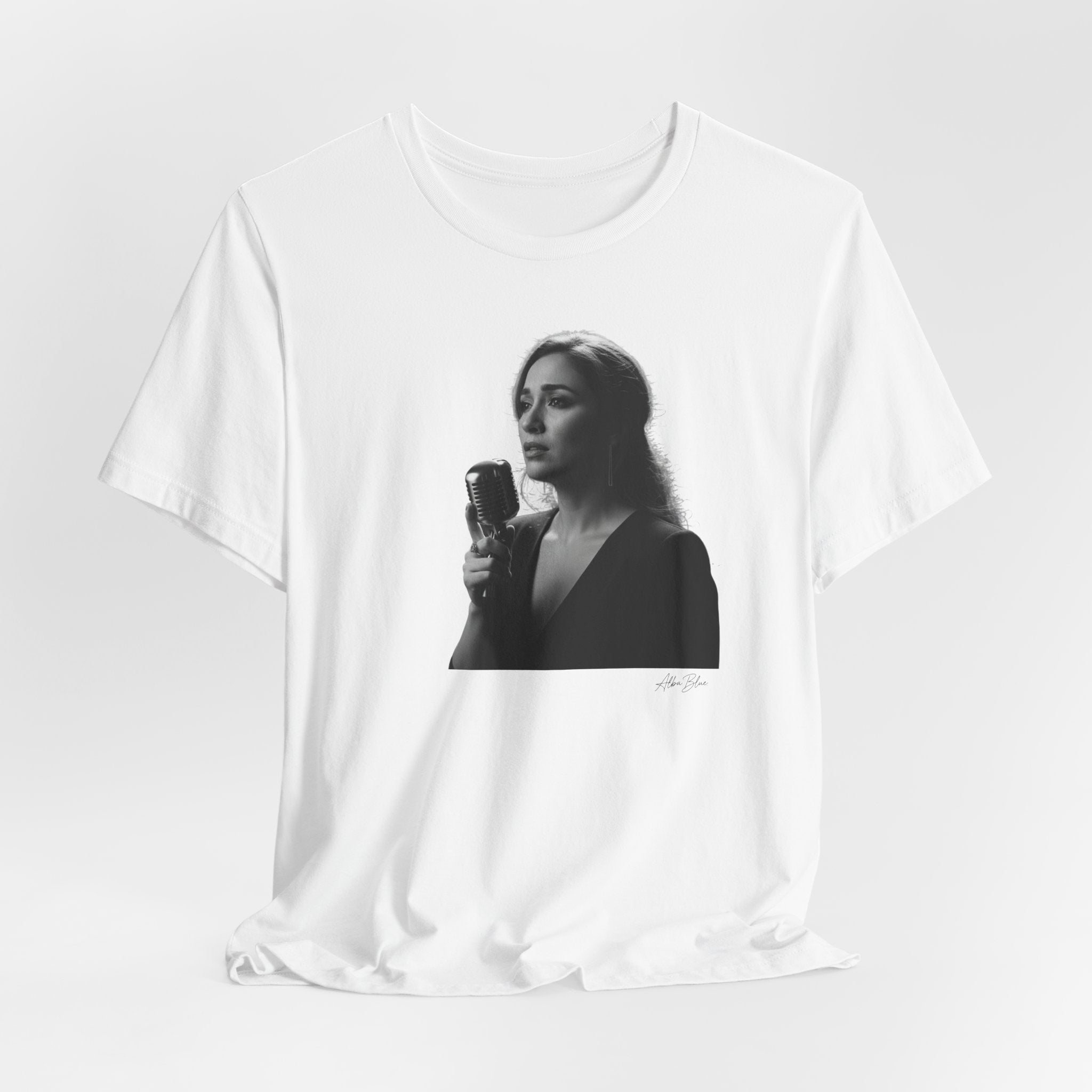 Alba Blue with Vintage Microphone Portrait T‑Shirt - Retro Singer Black & White Photo Tee