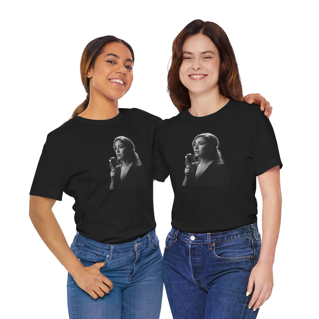 Alba Blue with Vintage Microphone Portrait T‑Shirt - Retro Singer Black & White Photo Tee