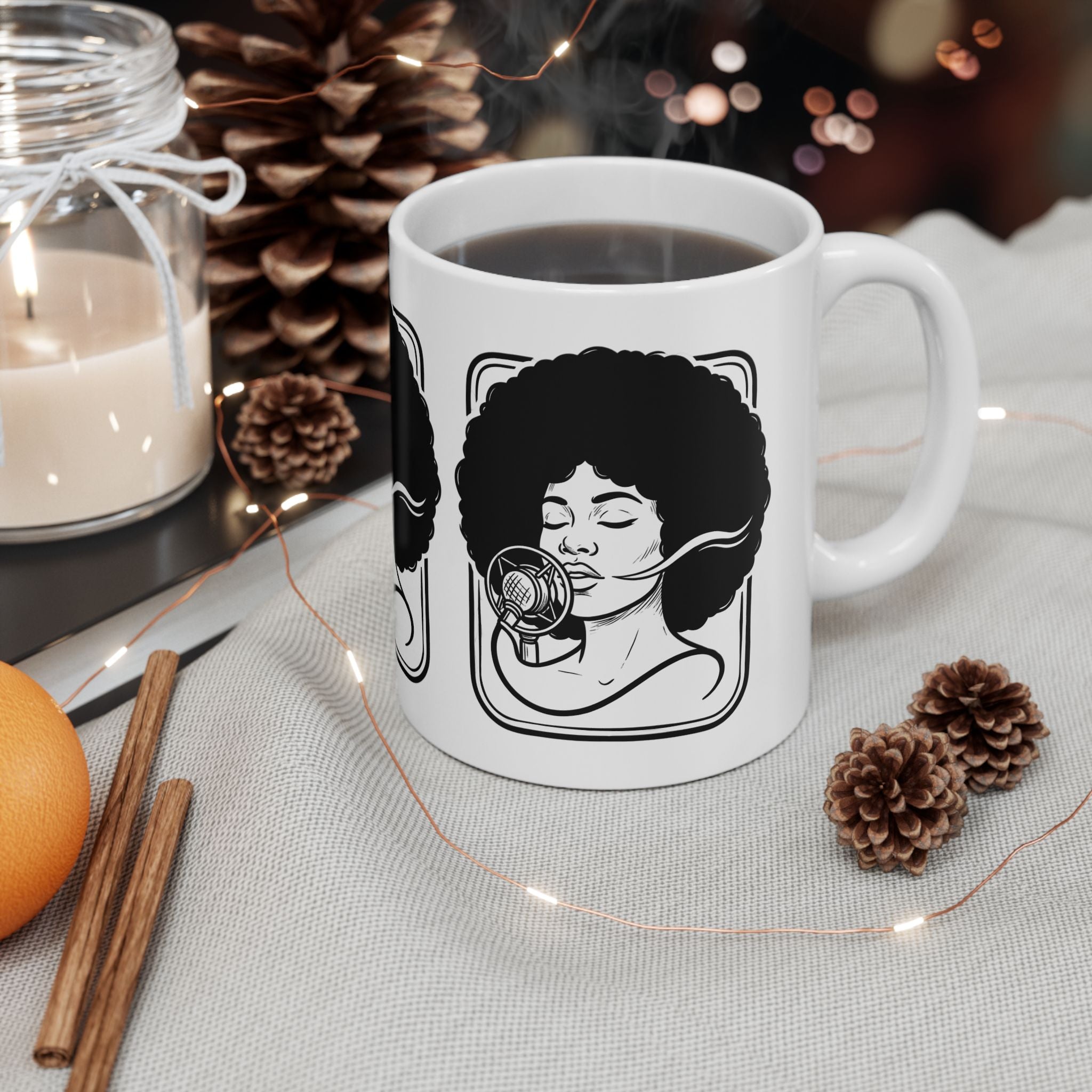 Afro Singer Ceramic Mug – Retro Microphone Black & White Coffee Cup (11oz/15oz)