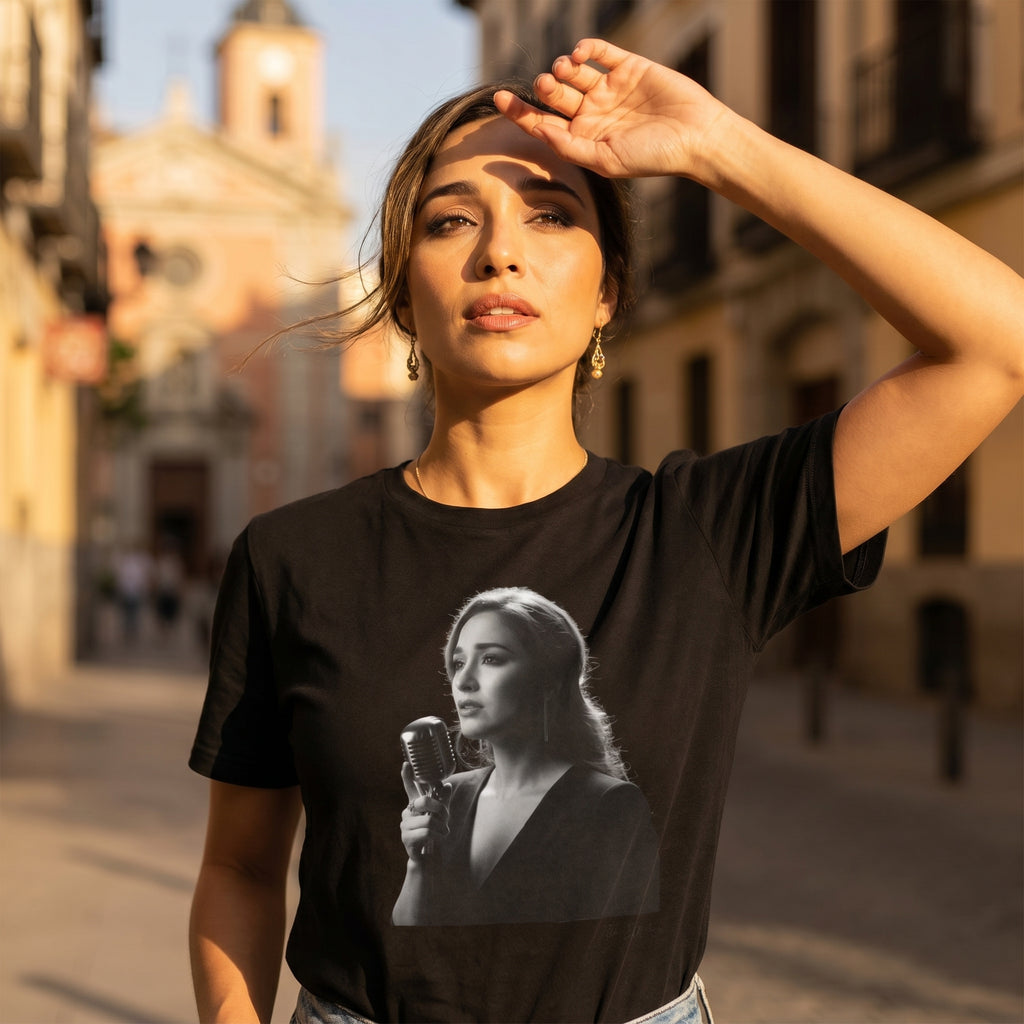 Alba Blue with Vintage Microphone Portrait T‑Shirt - Retro Singer Black & White Photo Tee